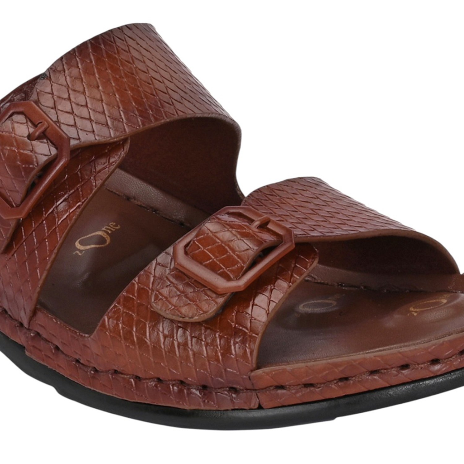 Women Brown Slide Sandal with Embossed Straps and Buckle Detail