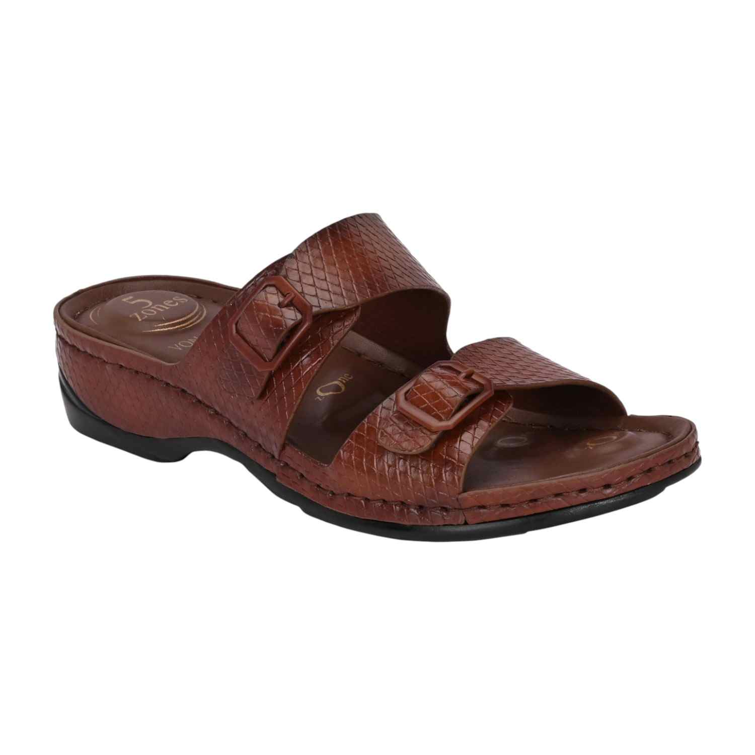 Women Brown Slide Sandal with Embossed Straps and Buckle Detail