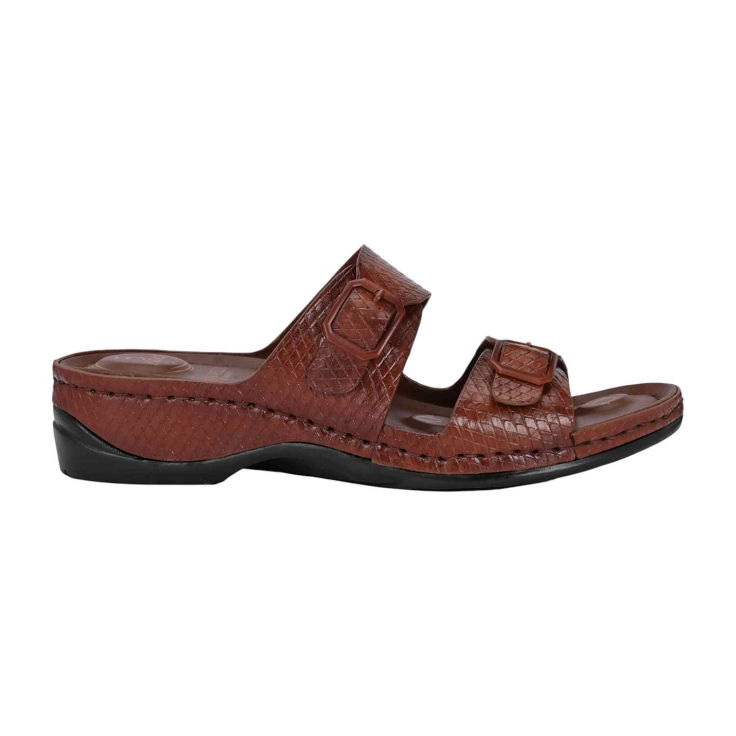 Women Brown Slide Sandal with Embossed Straps and Buckle Detail