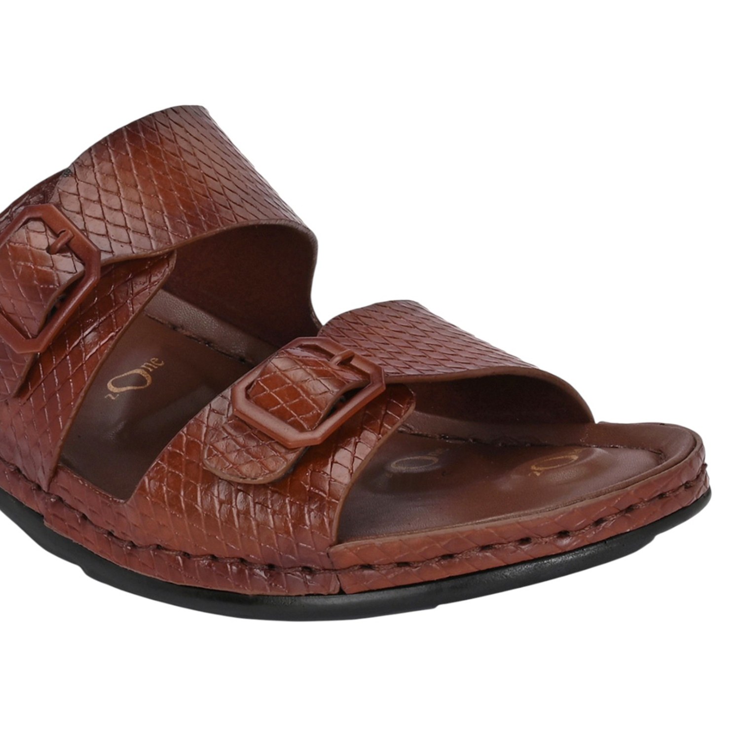 Women Brown Slide Sandal with Embossed Straps and Buckle Detail