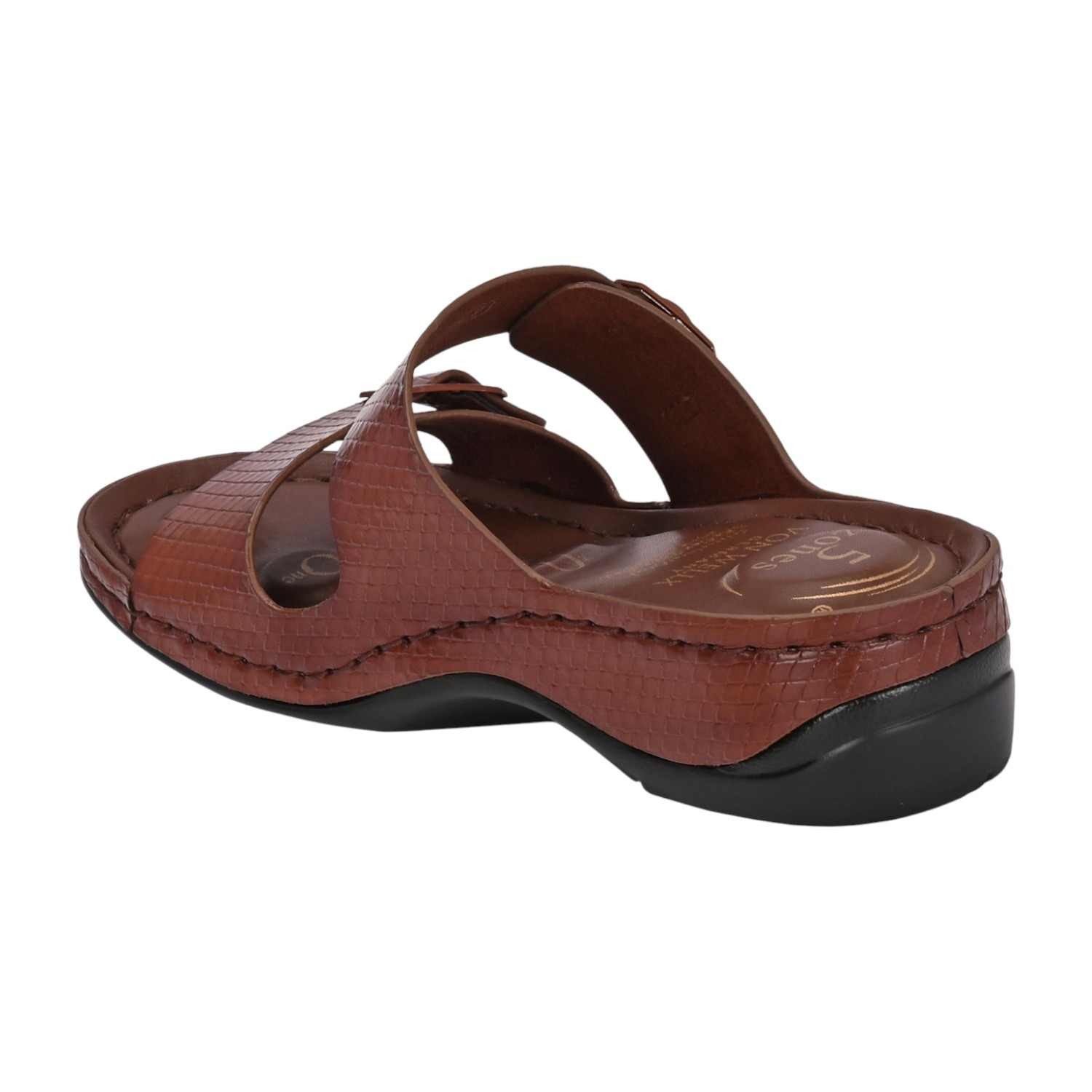 Women Brown Slide Sandal with Embossed Straps and Buckle Detail