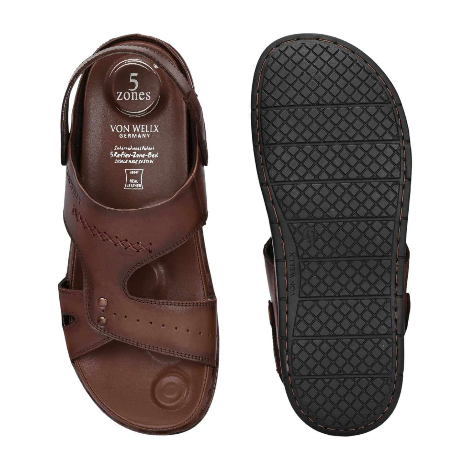 Men Brown Leather Open-Toe Sandal with Stitch Detail and Slingback