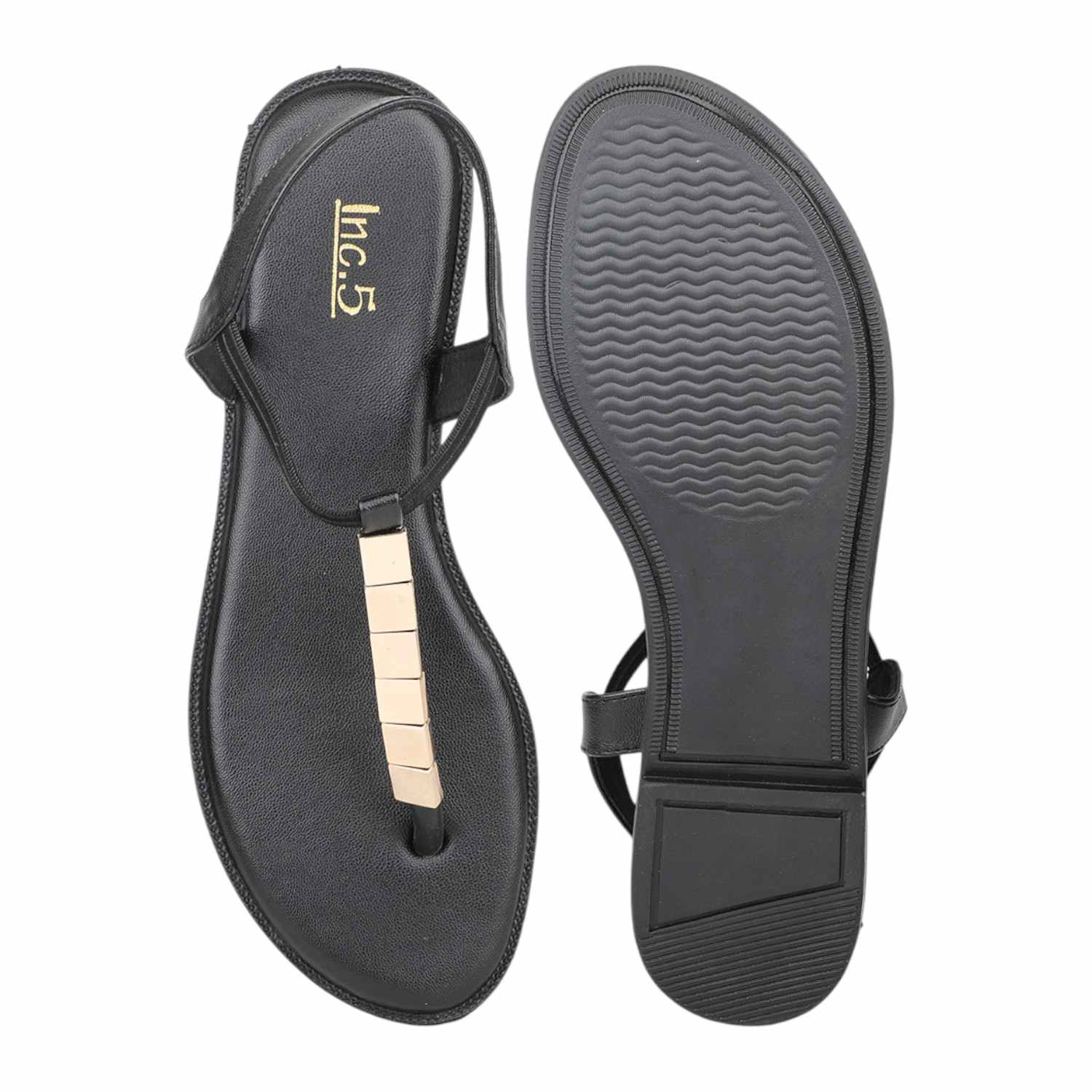 Women Black Flat Thong Sandals with Gold Bar Embellishment