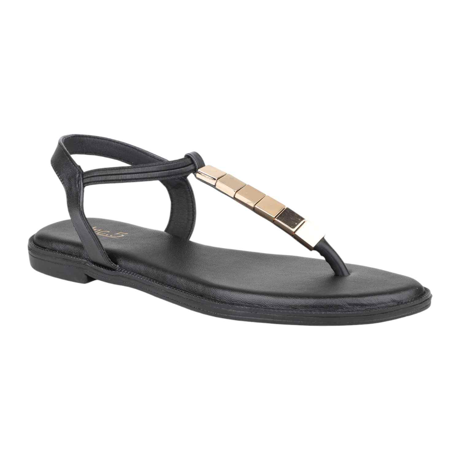 Women Black Flat Thong Sandals with Gold Bar Embellishment