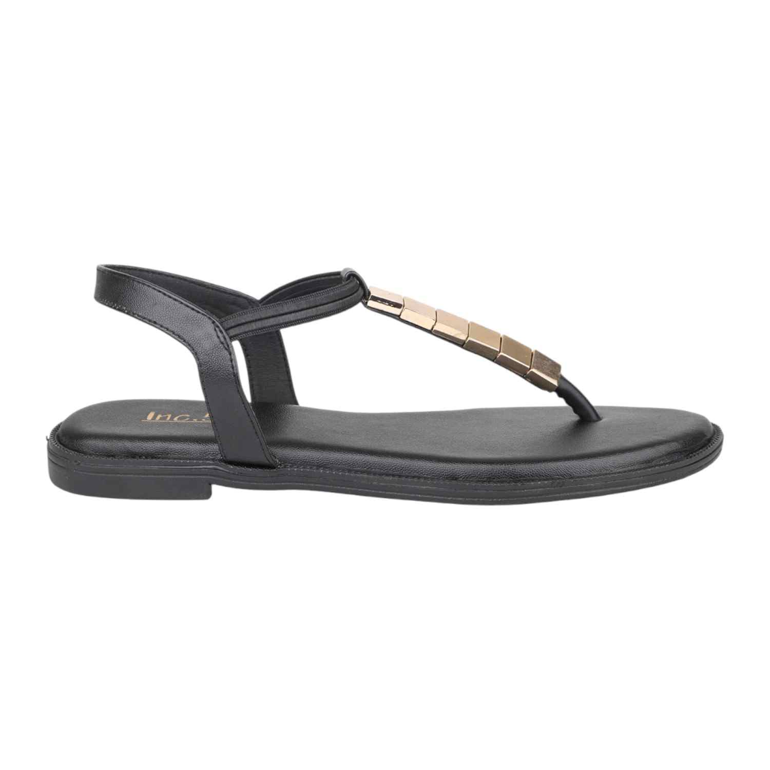 Women Black Flat Thong Sandals with Gold Bar Embellishment