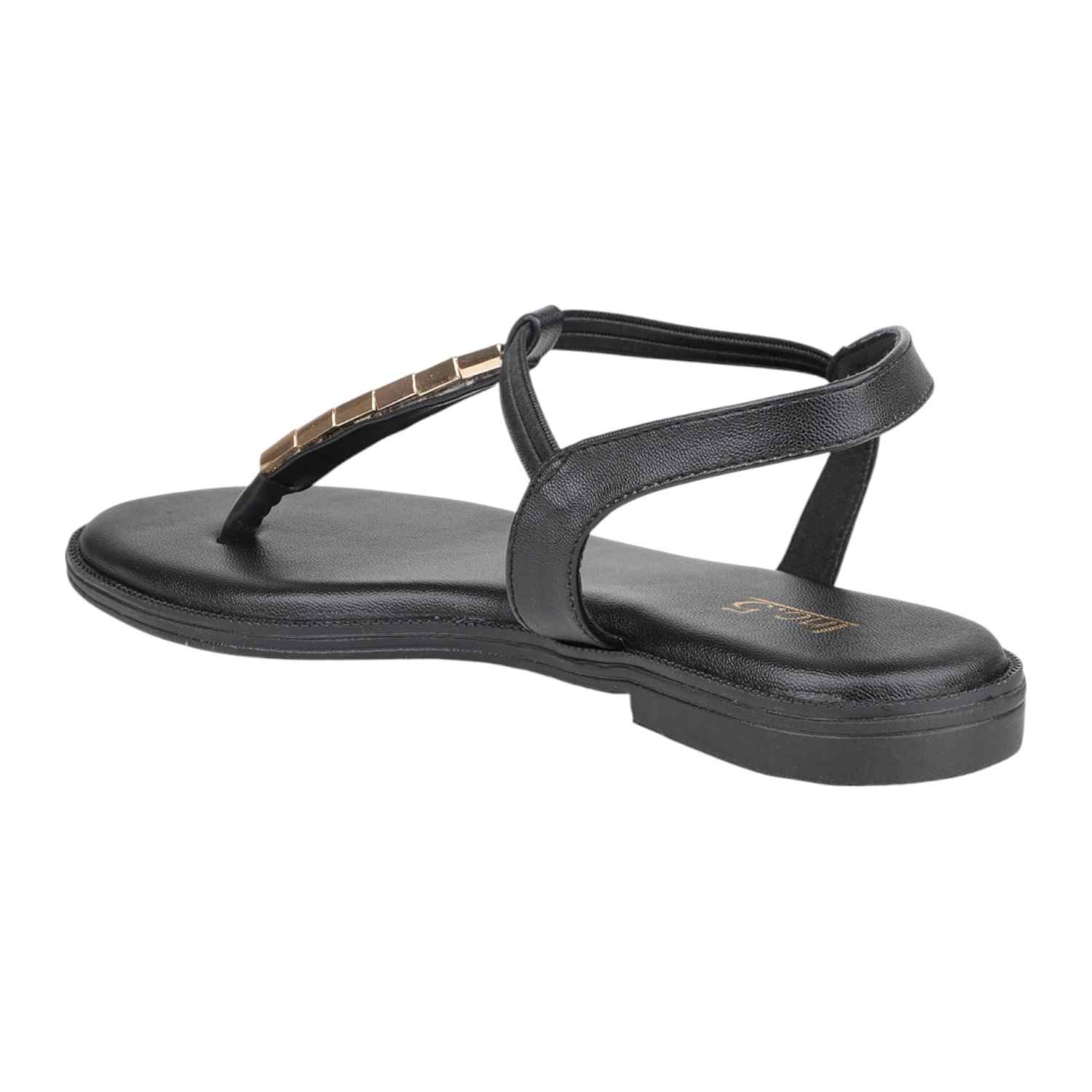 Women Black Flat Thong Sandals with Gold Bar Embellishment