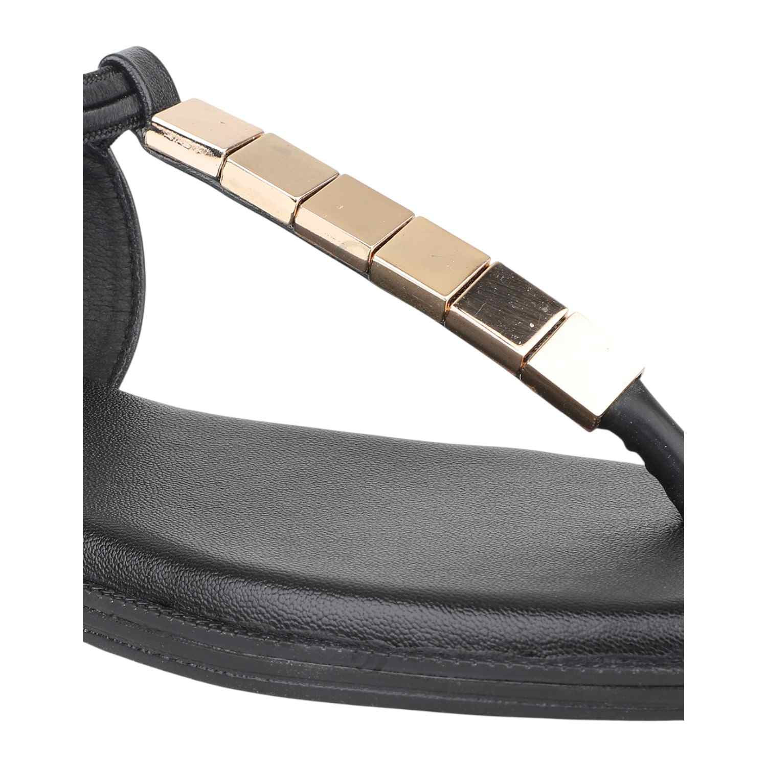 Women Black Flat Thong Sandals with Gold Bar Embellishment