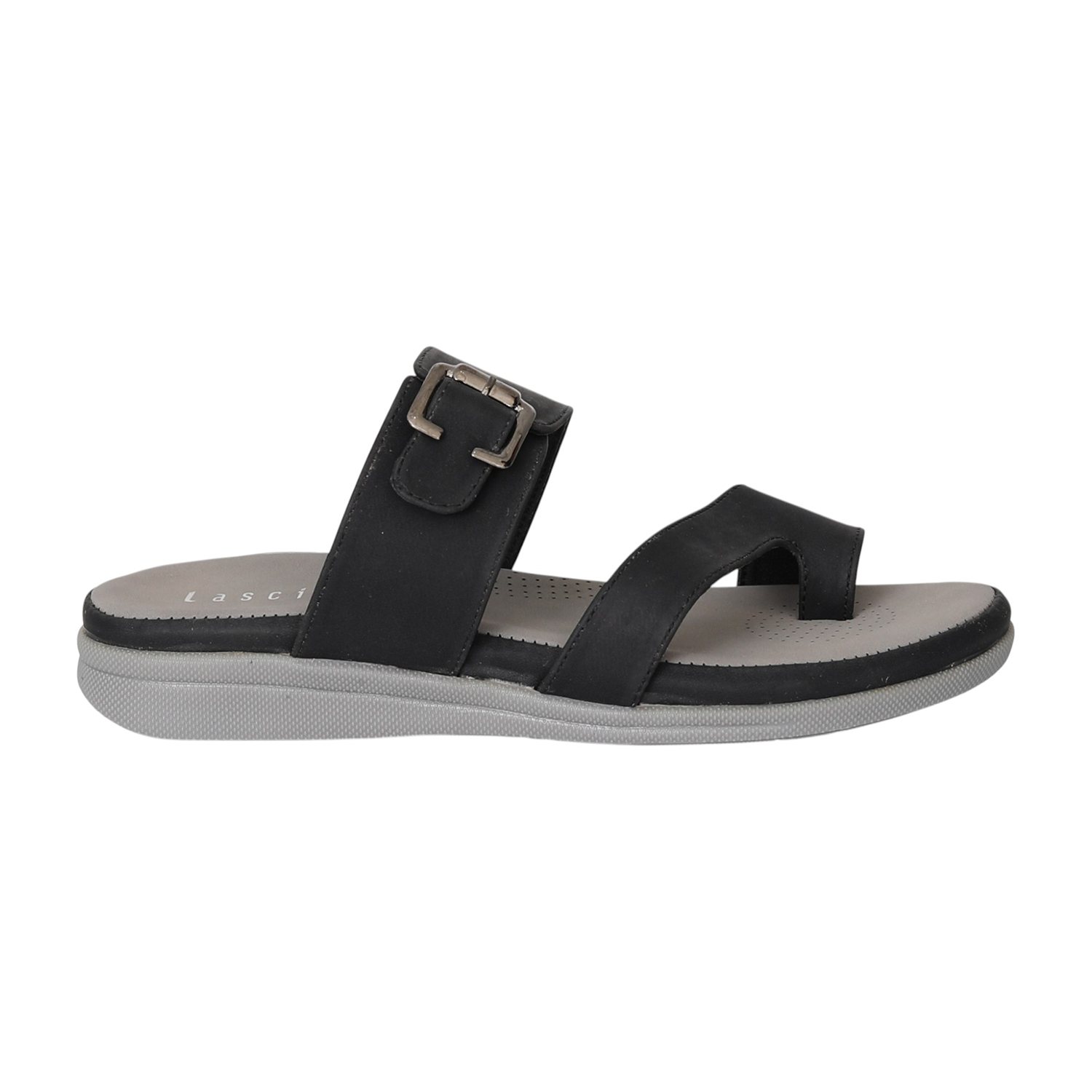 Women Black Buckle Toe-Loop Comfort Flats