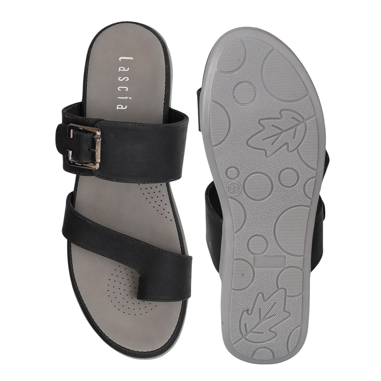 Women Black Buckle Toe-Loop Comfort Flats