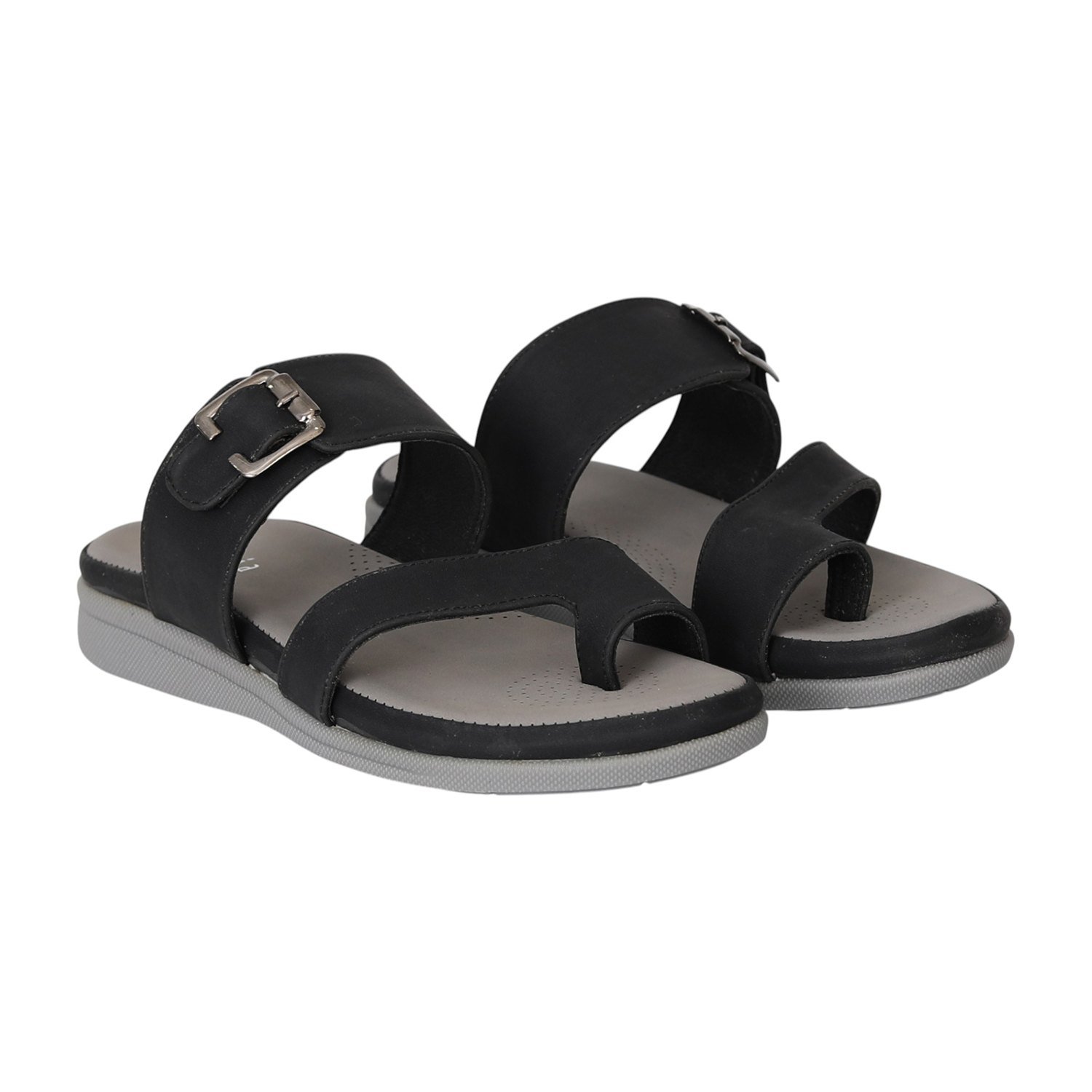 Women Black Buckle Toe-Loop Comfort Flats