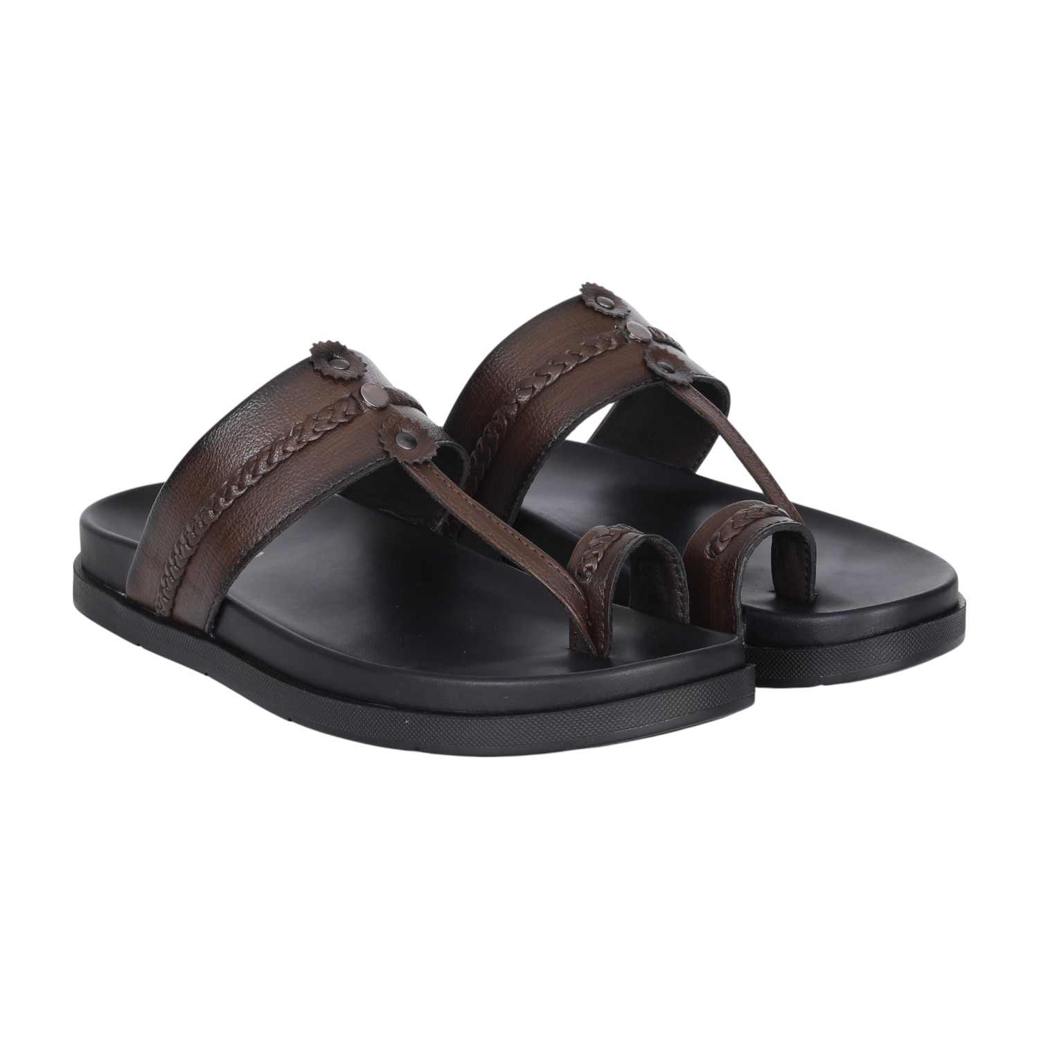 Men Brown Traditional Leather Toe Ring Sandals