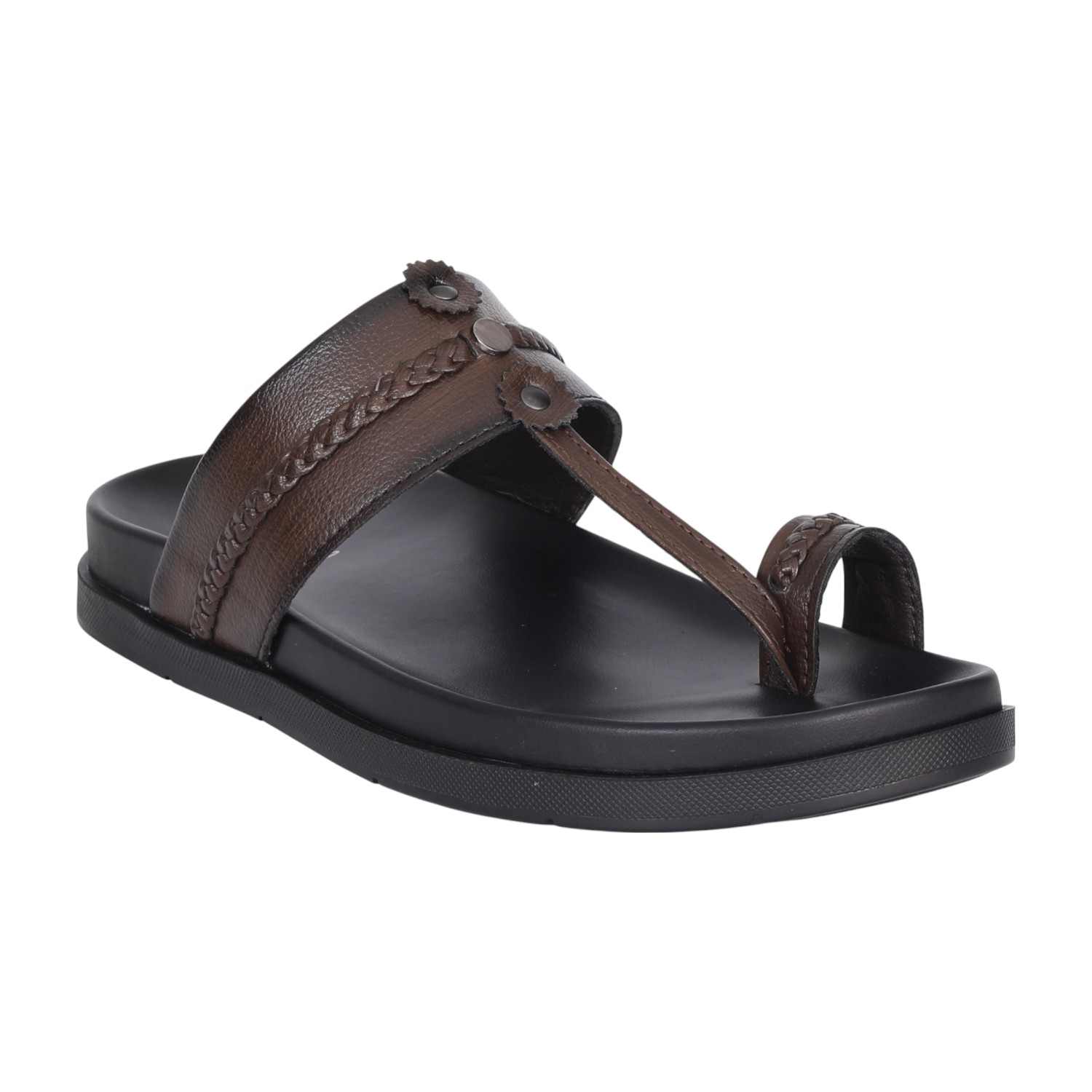 Men Brown Traditional Leather Toe Ring Sandals