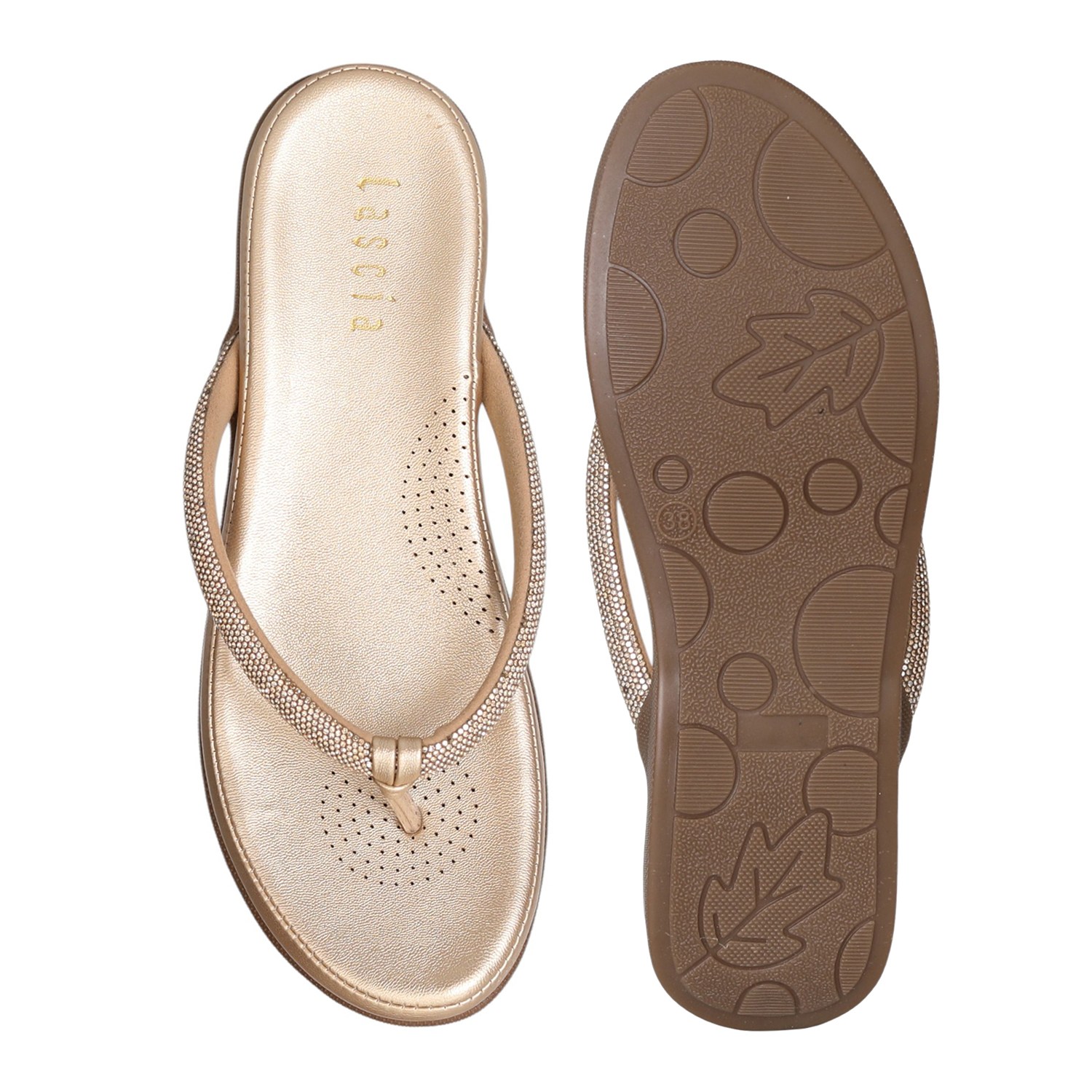 Women Golden Sparkle Thong Flats