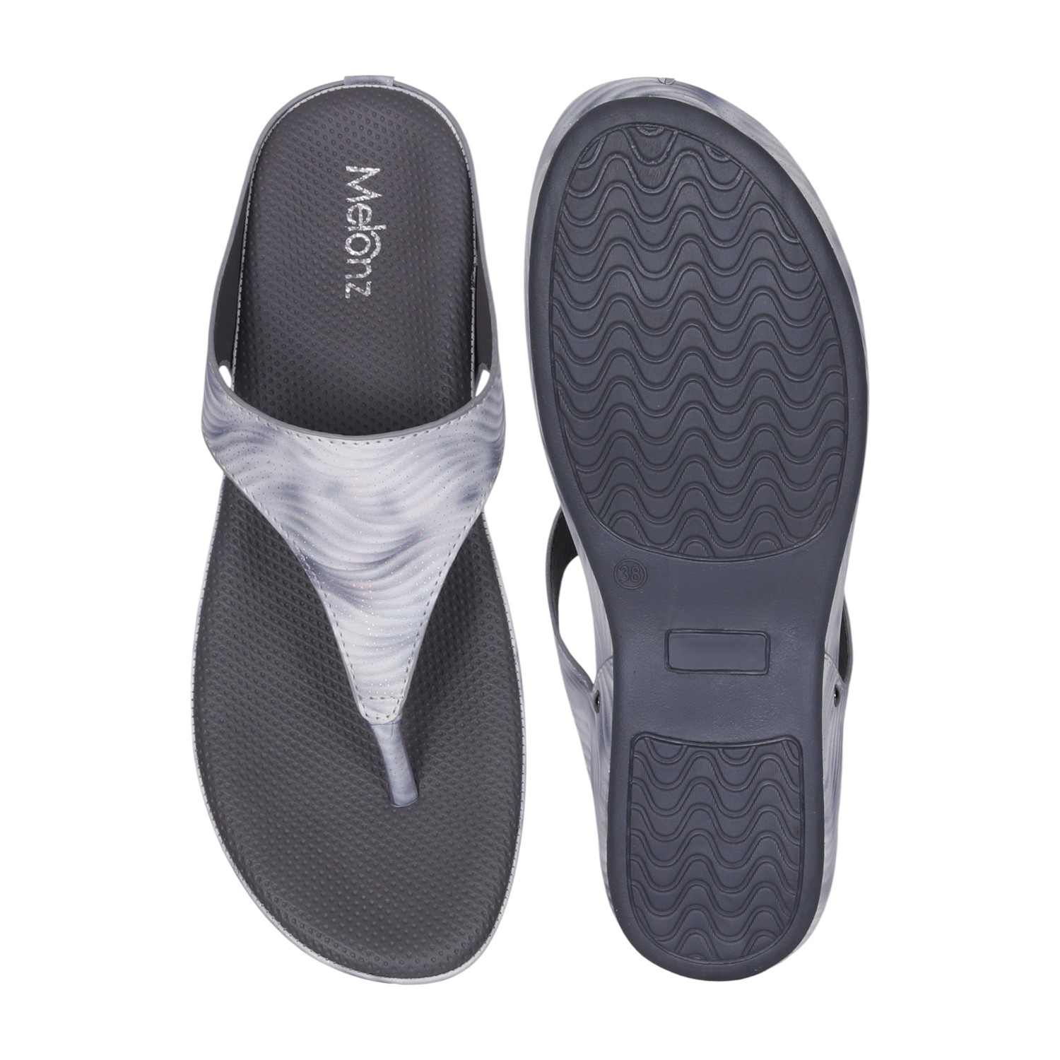Women Gunmetal Swirl Pattern Wedge Thong Sandals