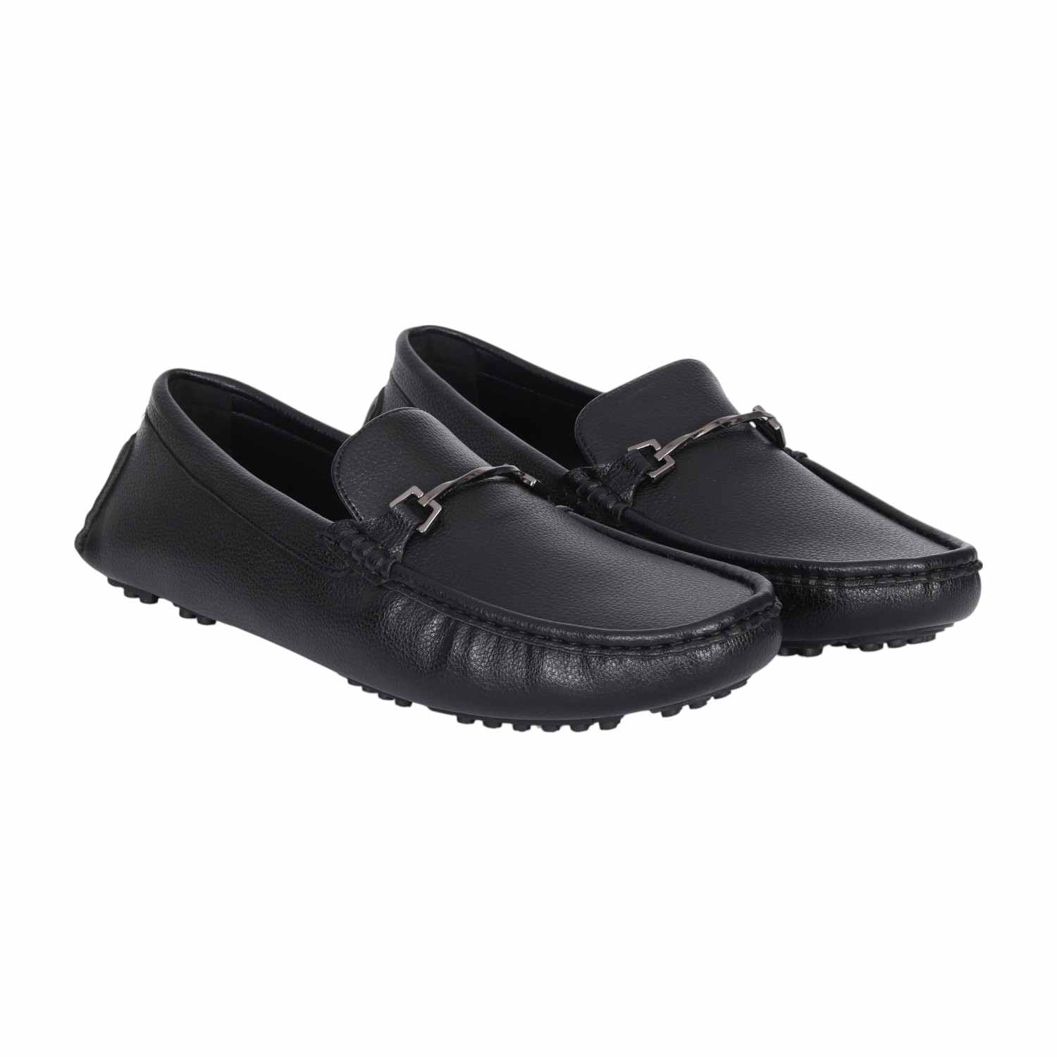 Men Black Leather Driving Loafers with Metal Bit Detail