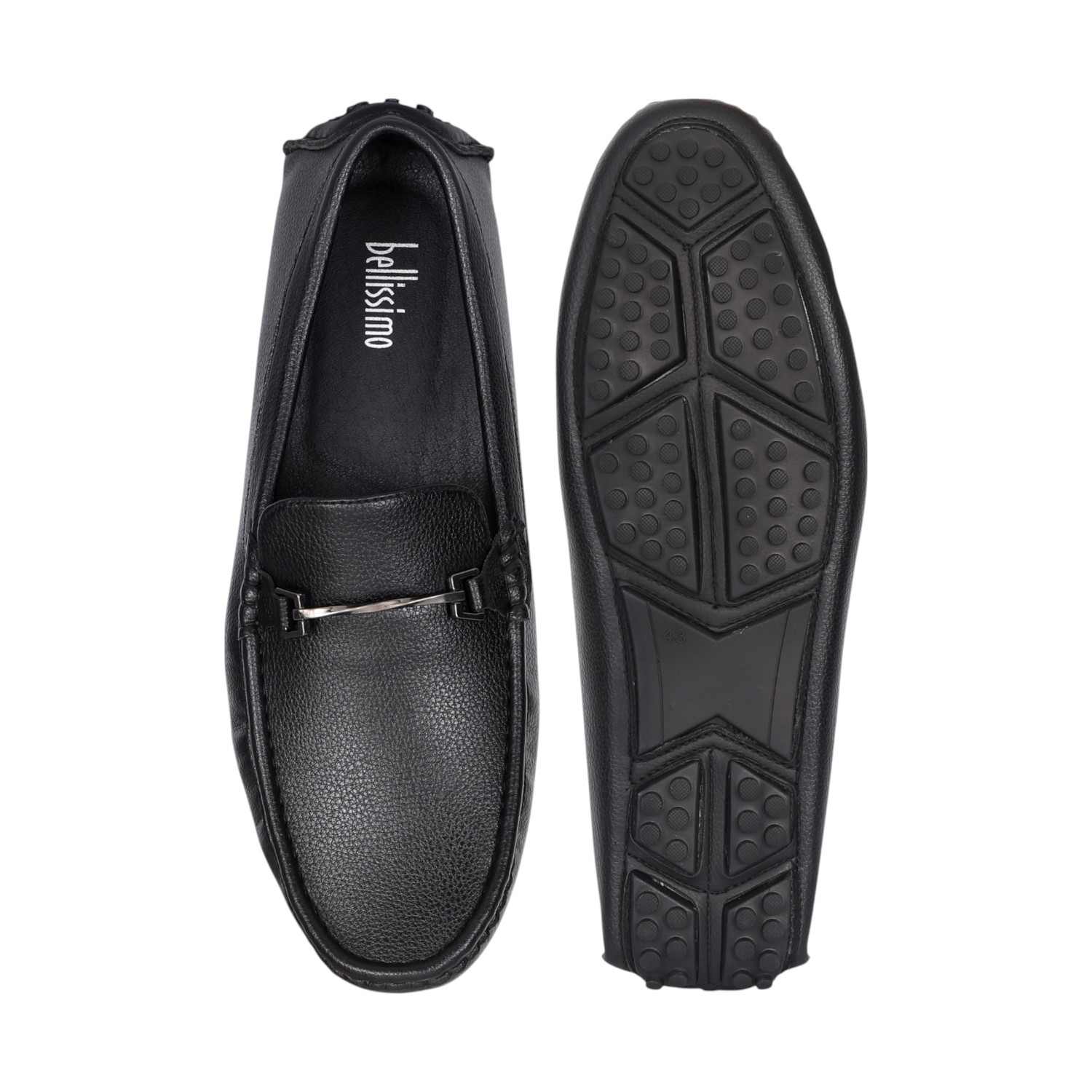 Men Black Leather Driving Loafers with Metal Bit Detail