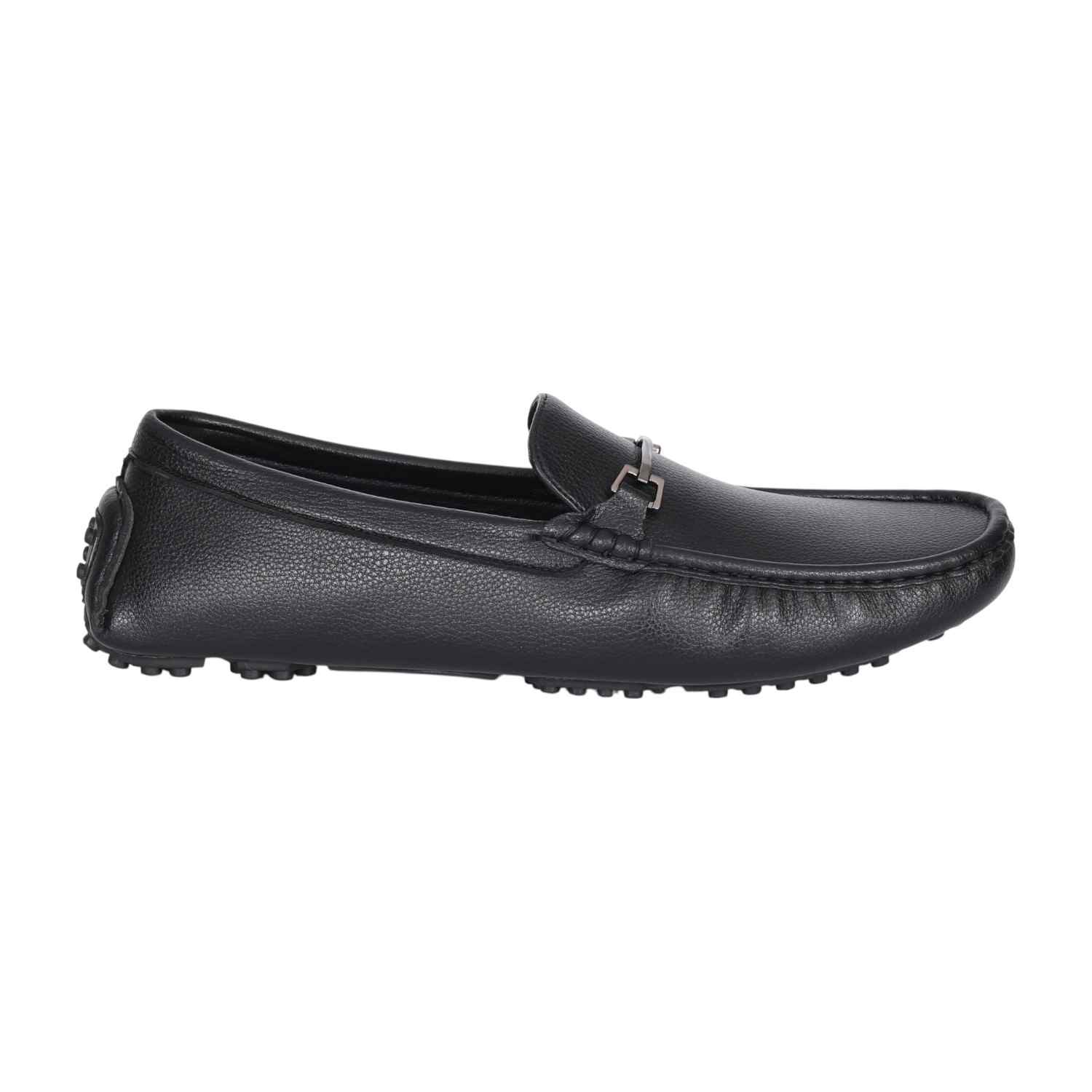 Men Black Leather Driving Loafers with Metal Bit Detail