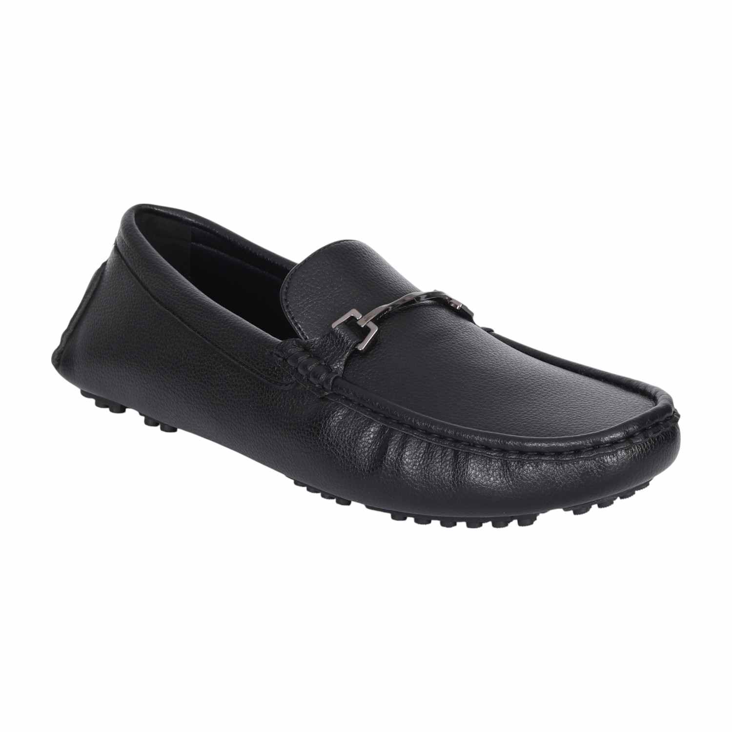 Men Black Leather Driving Loafers with Metal Bit Detail
