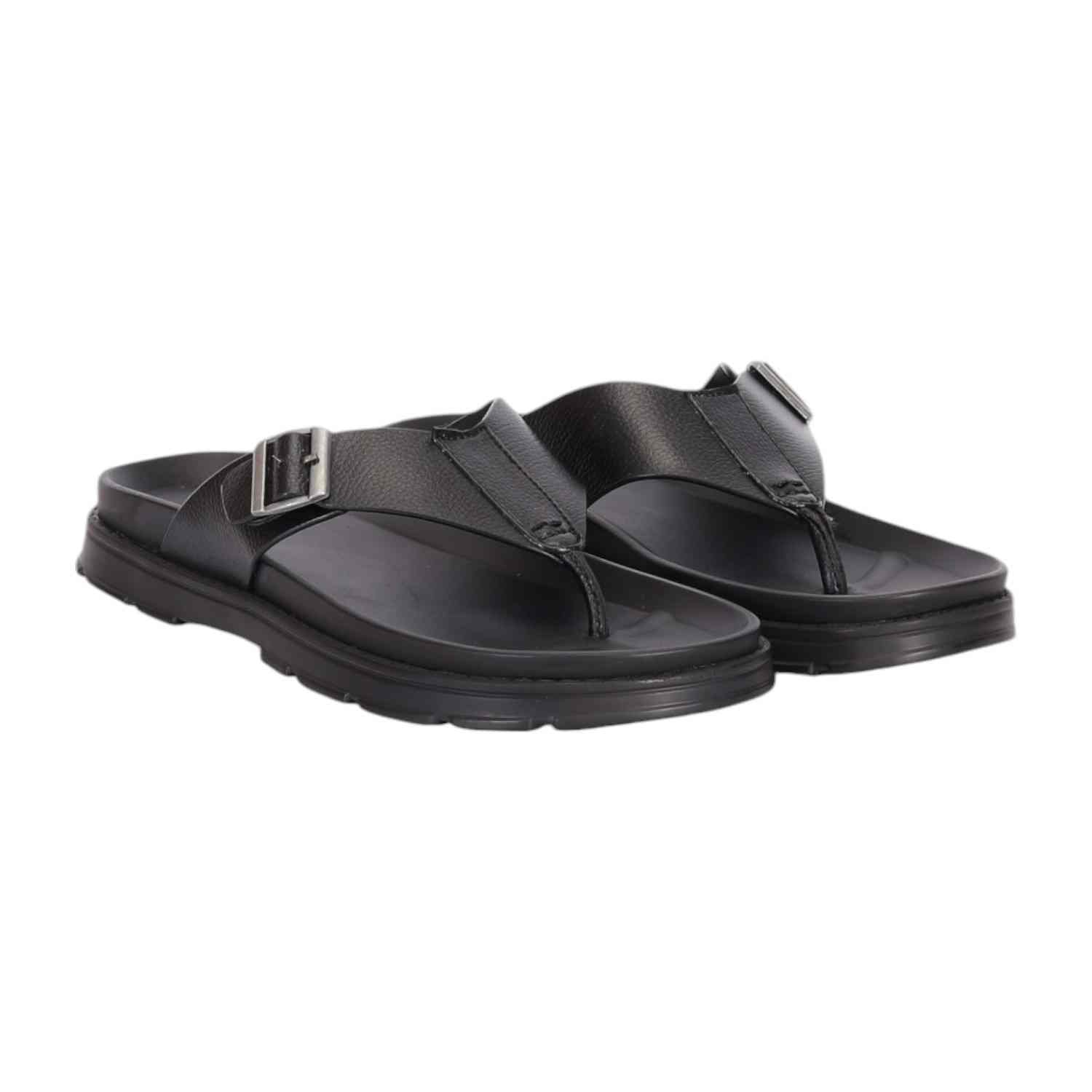 Men Black Thongs with Buckle