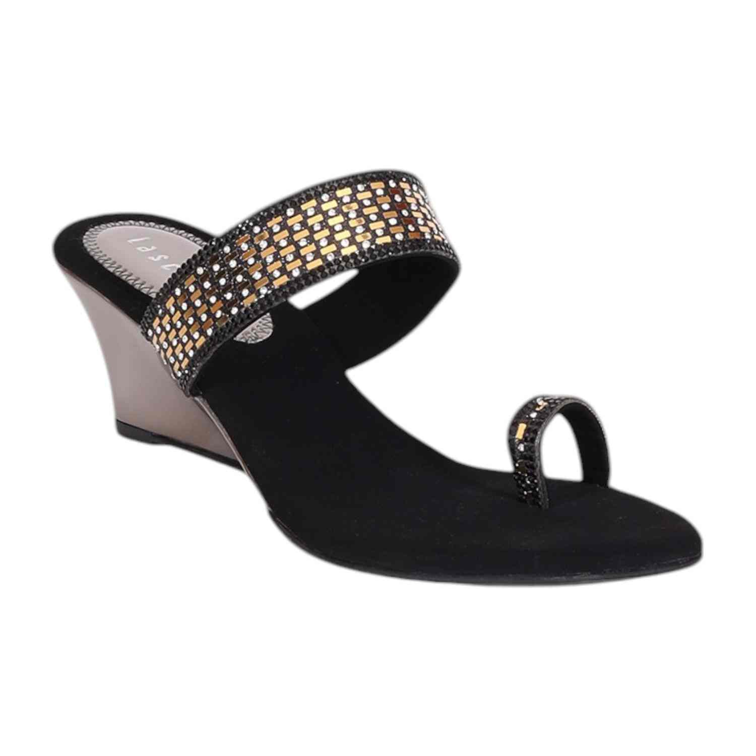 Women Black Embellished Toe-ring Wedges