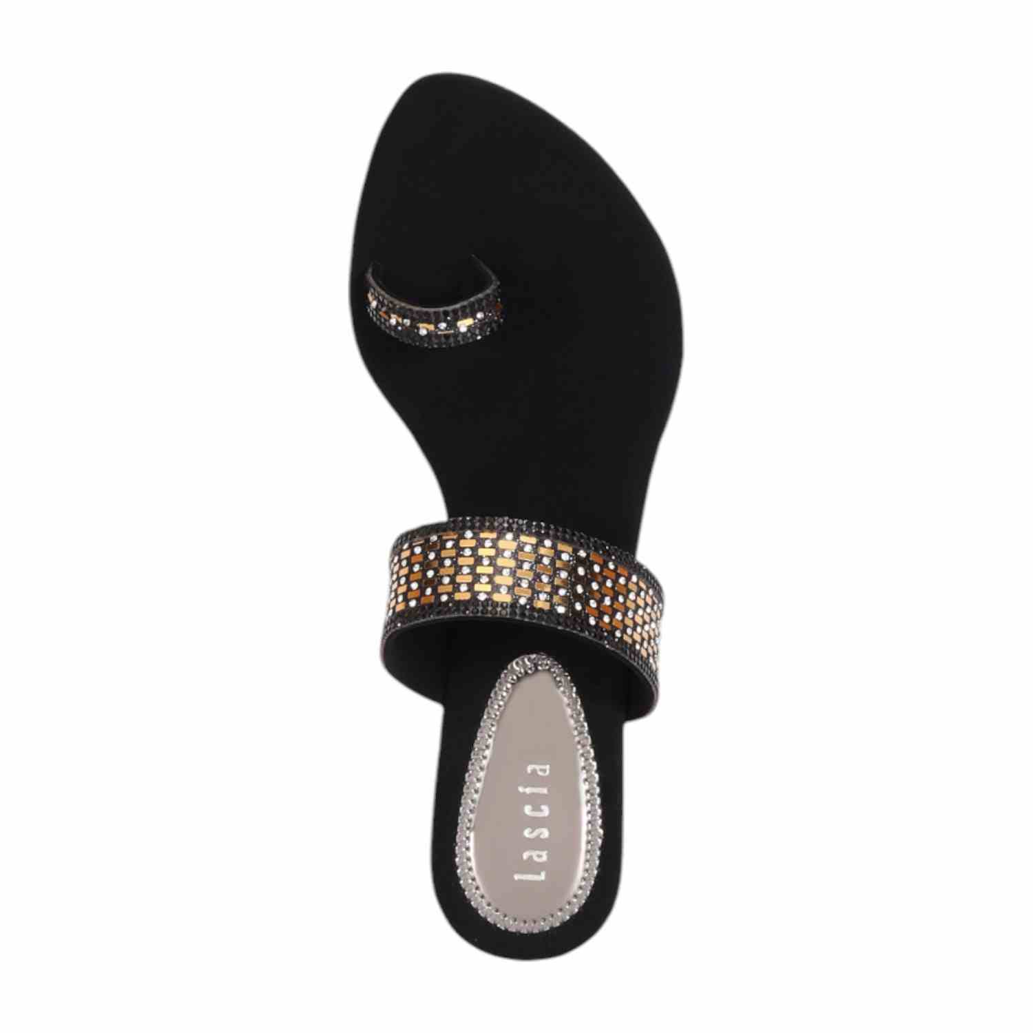 Women Black Embellished Toe-ring Wedges