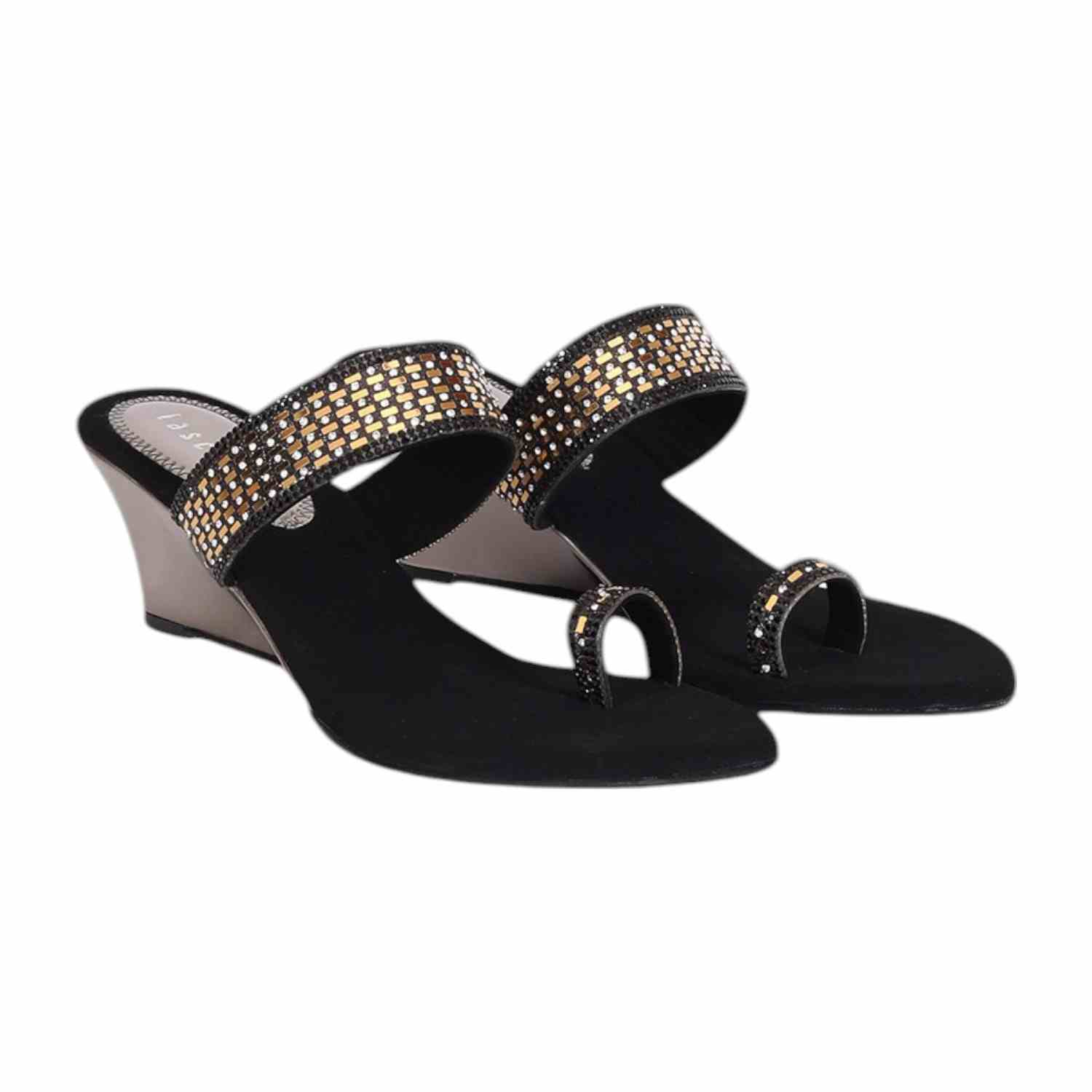 Women Black Embellished Toe-ring Wedges