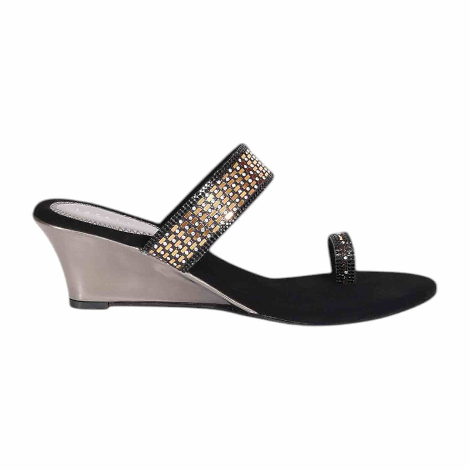 Women Black Embellished Toe-ring Wedges