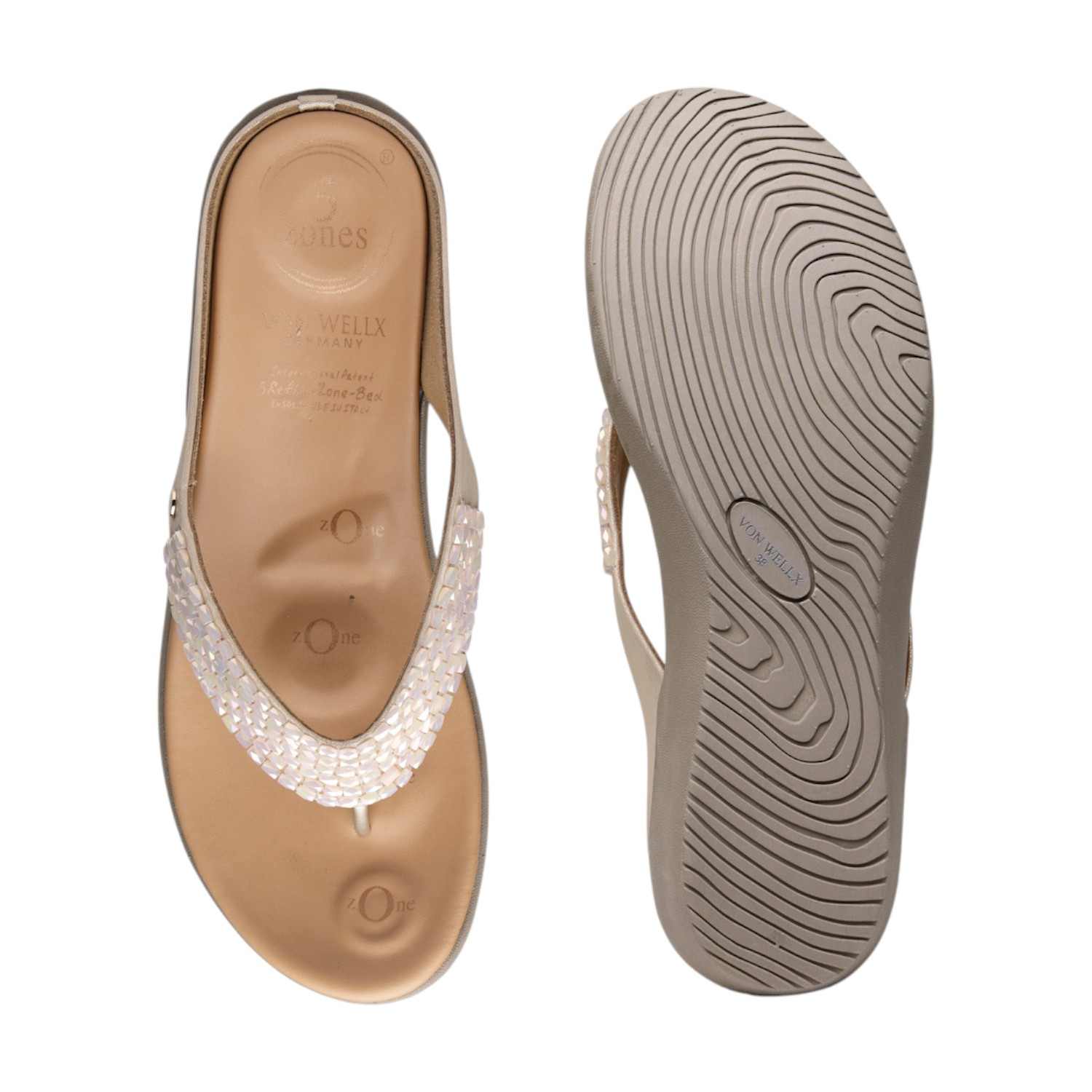 Women Gold/Neutral Beaded Thong Sandals with 5-Zone Reflex-Long-Bed