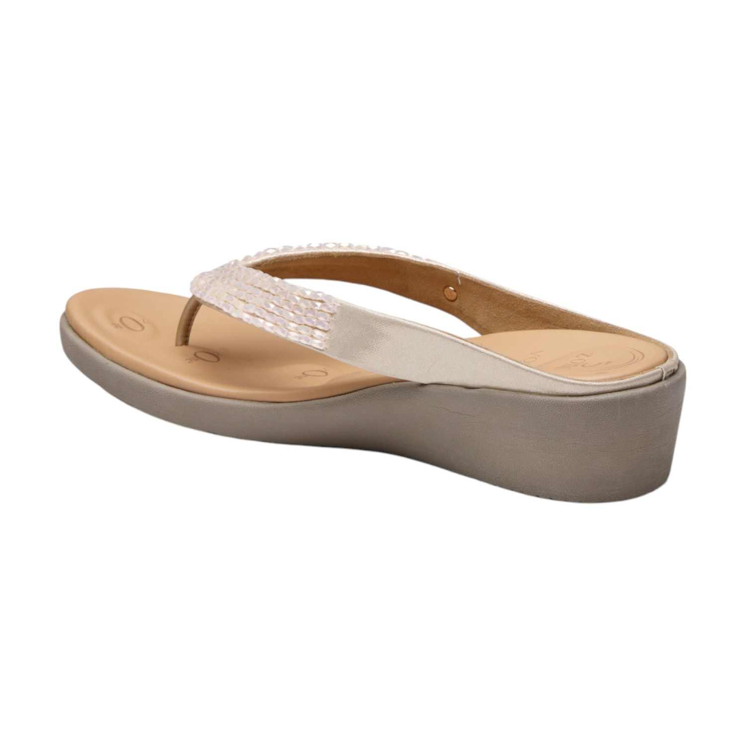 Women Gold/Neutral Beaded Thong Sandals with 5-Zone Reflex-Long-Bed