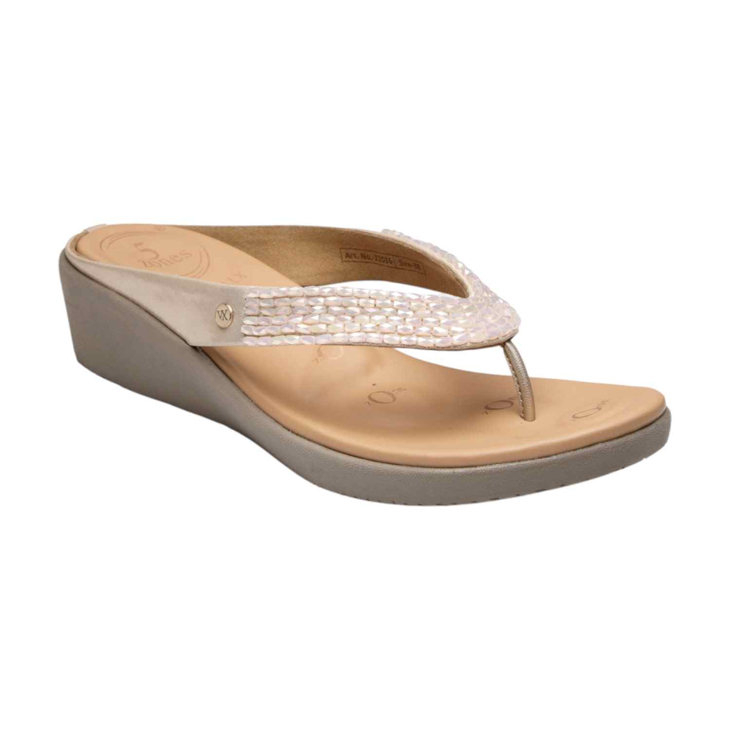 Women Gold/Neutral Beaded Thong Sandals with 5-Zone Reflex-Long-Bed