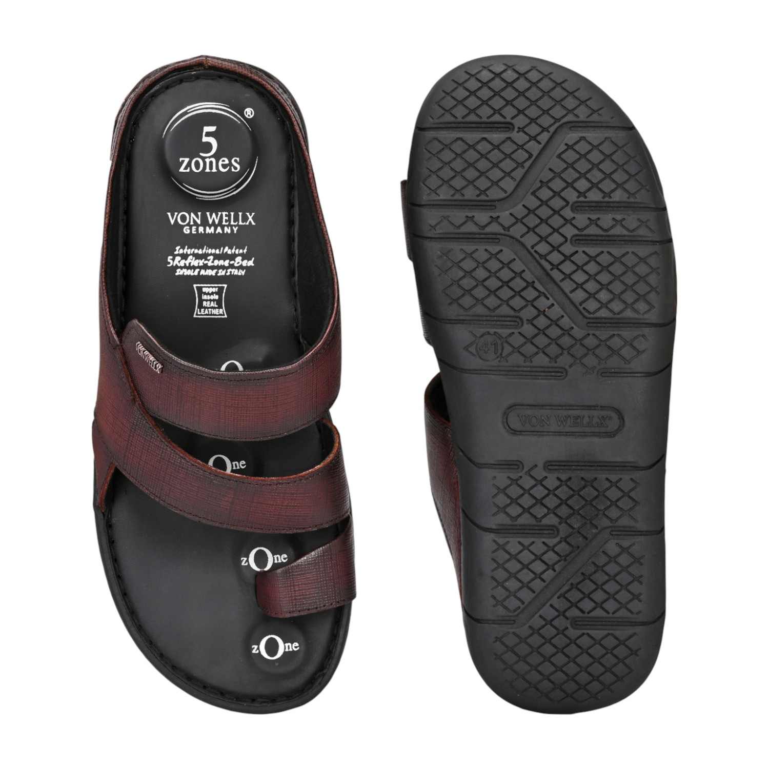 Men Textured Wine-Red Leather Slip-On Comfort Sandal with Toe Loop