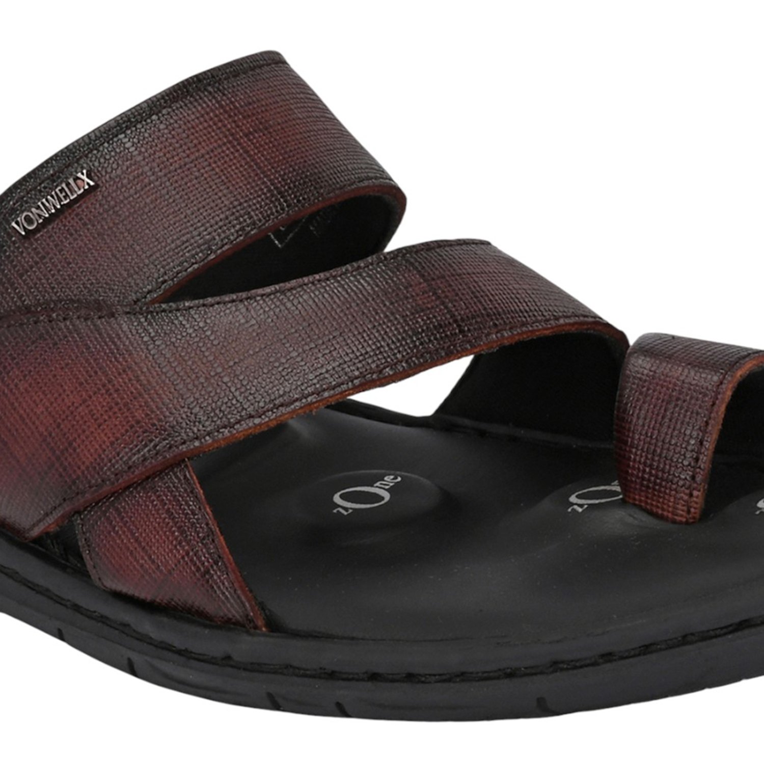 Men Textured Wine-Red Leather Slip-On Comfort Sandal with Toe Loop