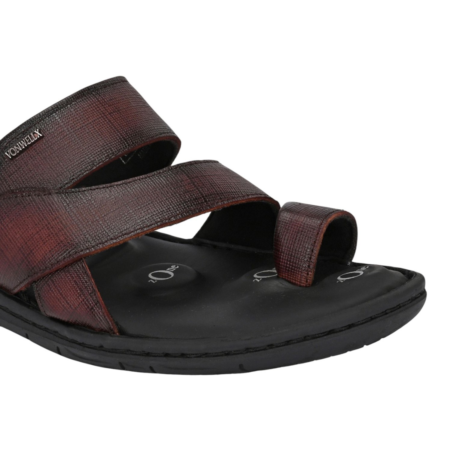 Men Textured Wine-Red Leather Slip-On Comfort Sandal with Toe Loop