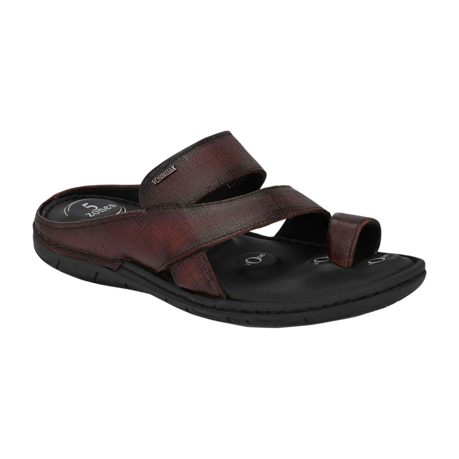 Men Textured Wine-Red Leather Slip-On Comfort Sandal with Toe Loop