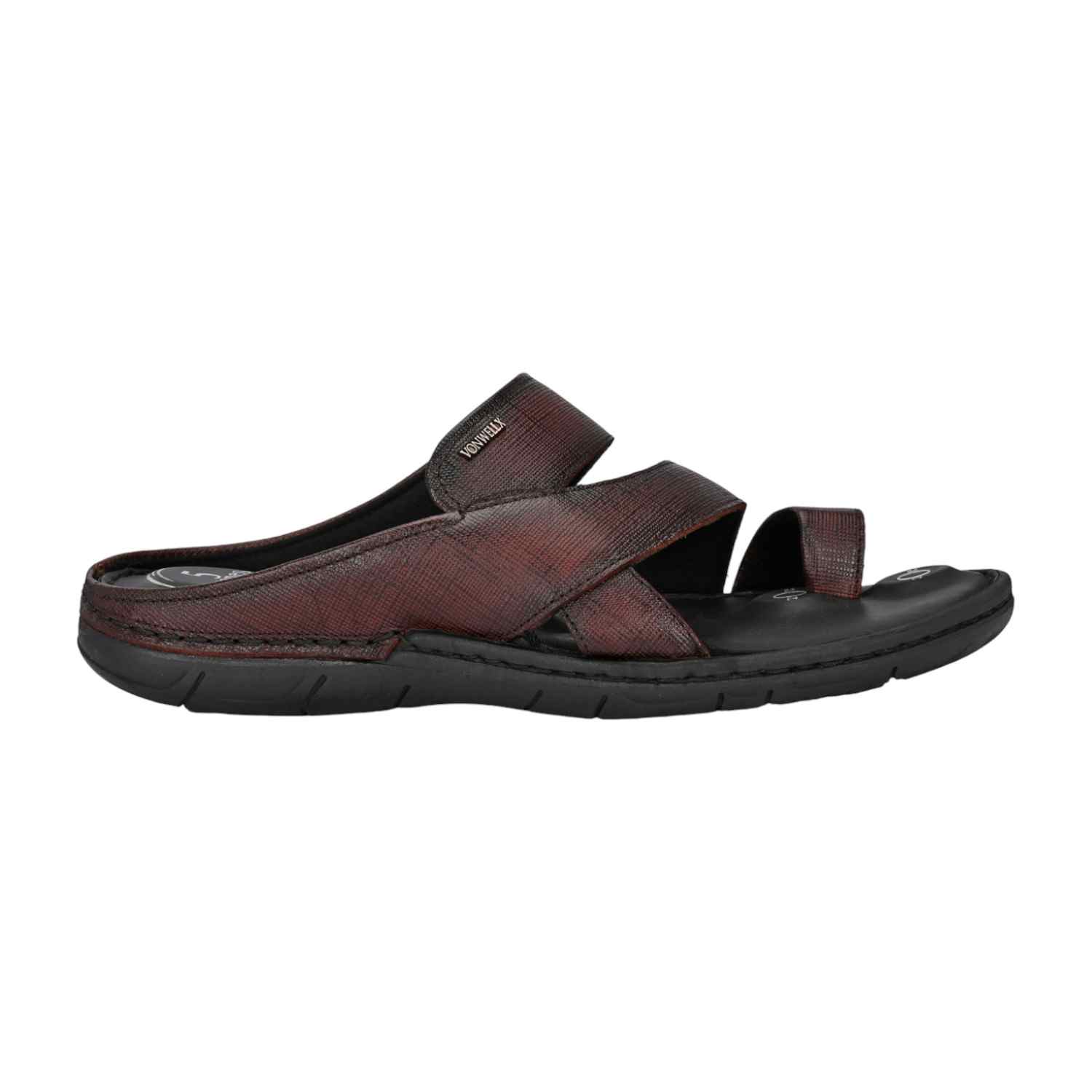 Men Textured Wine-Red Leather Slip-On Comfort Sandal with Toe Loop
