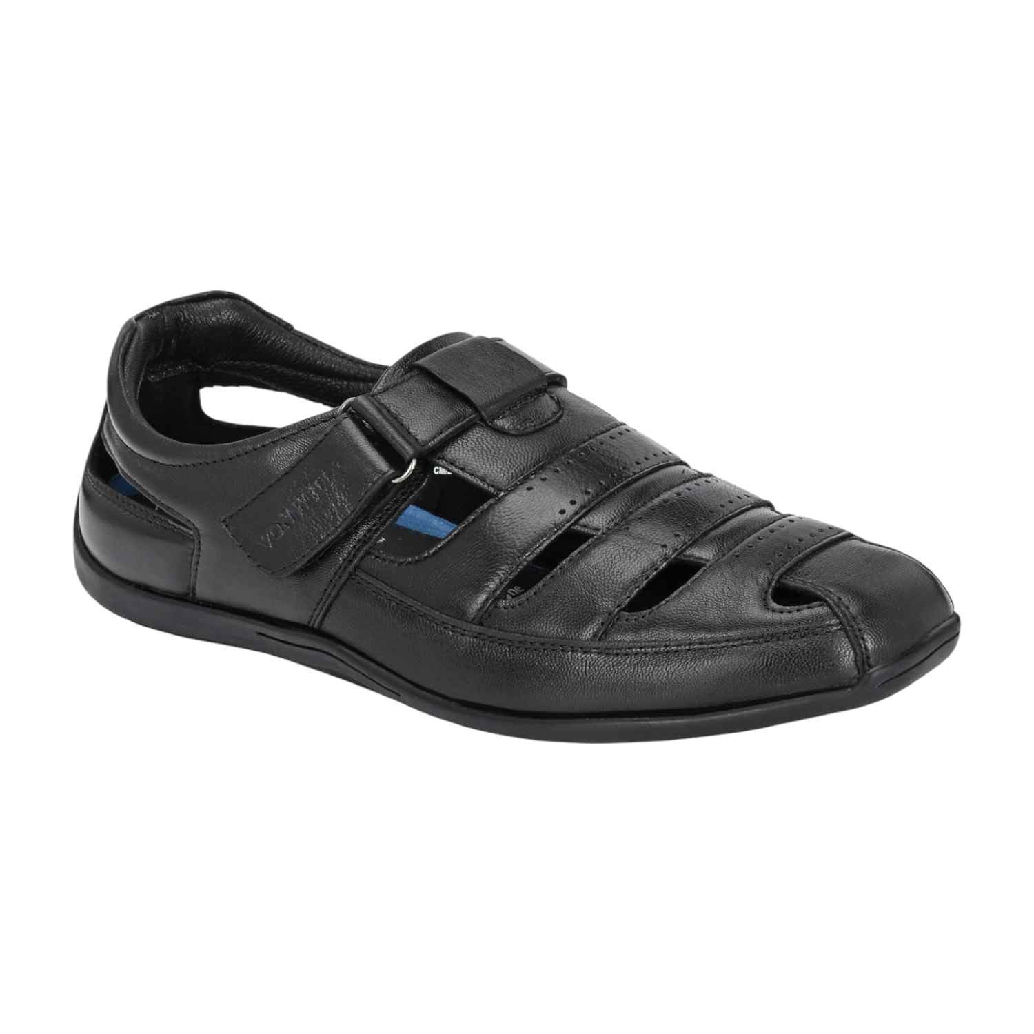 Men Black Leather Closed-Toe Fisherman Sandal