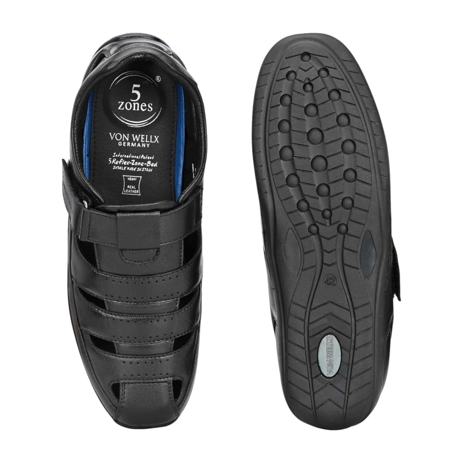 Men Black Leather Closed-Toe Fisherman Sandal