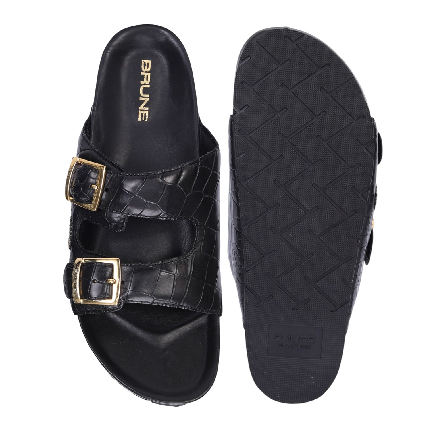 Men Adjustable Buckle Slippers in Black Textured Leather