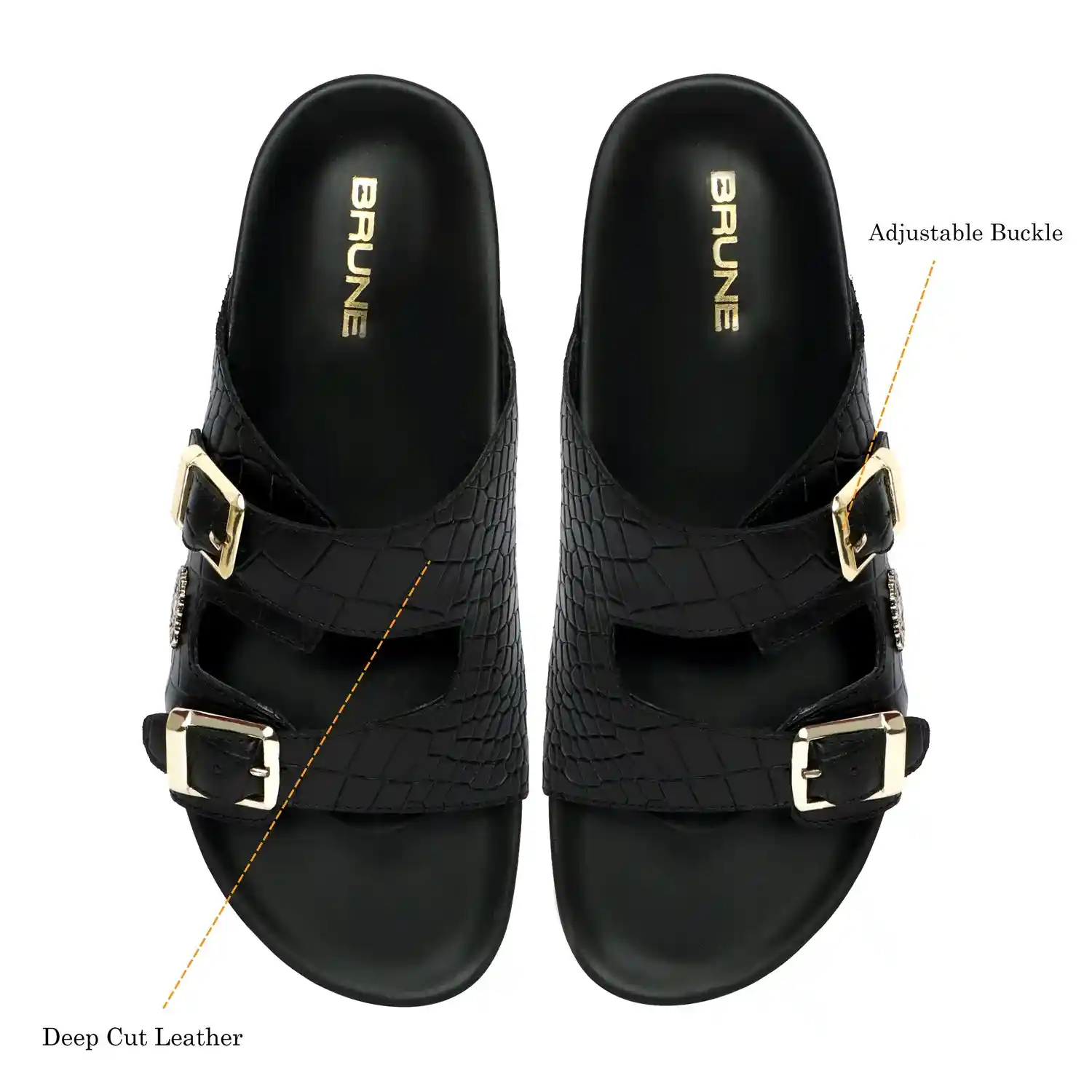 Men Adjustable Buckle Slippers in Black Textured Leather