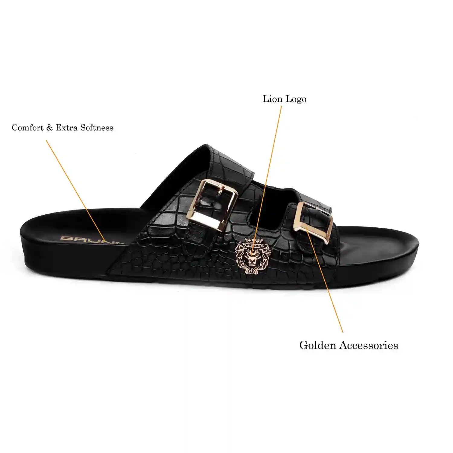 Men Adjustable Buckle Slippers in Black Textured Leather