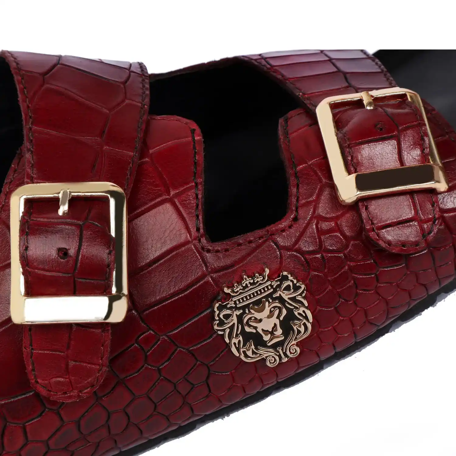 Men Wine Adjustable Buckle Slipper in Deep Cut Leather