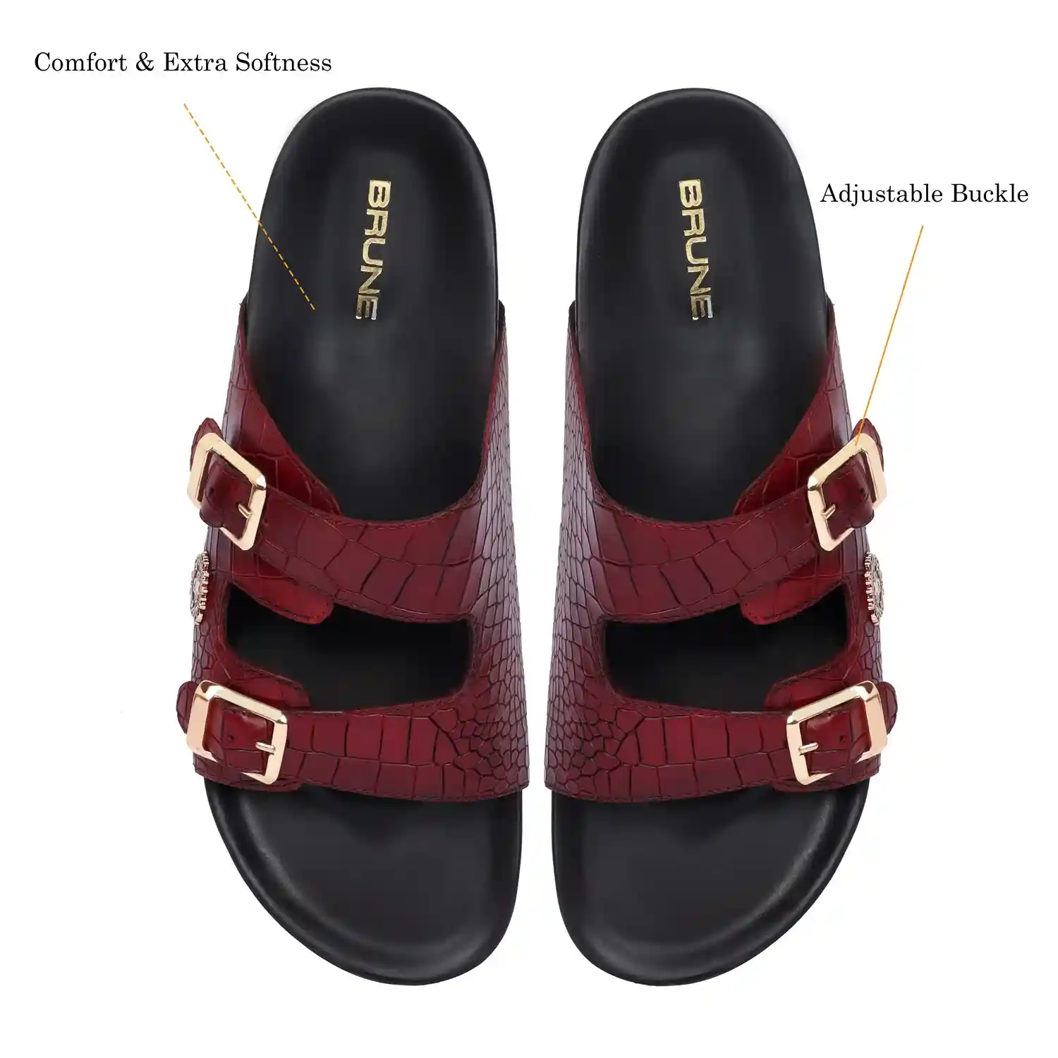 Men Wine Adjustable Buckle Slipper in Deep Cut Leather