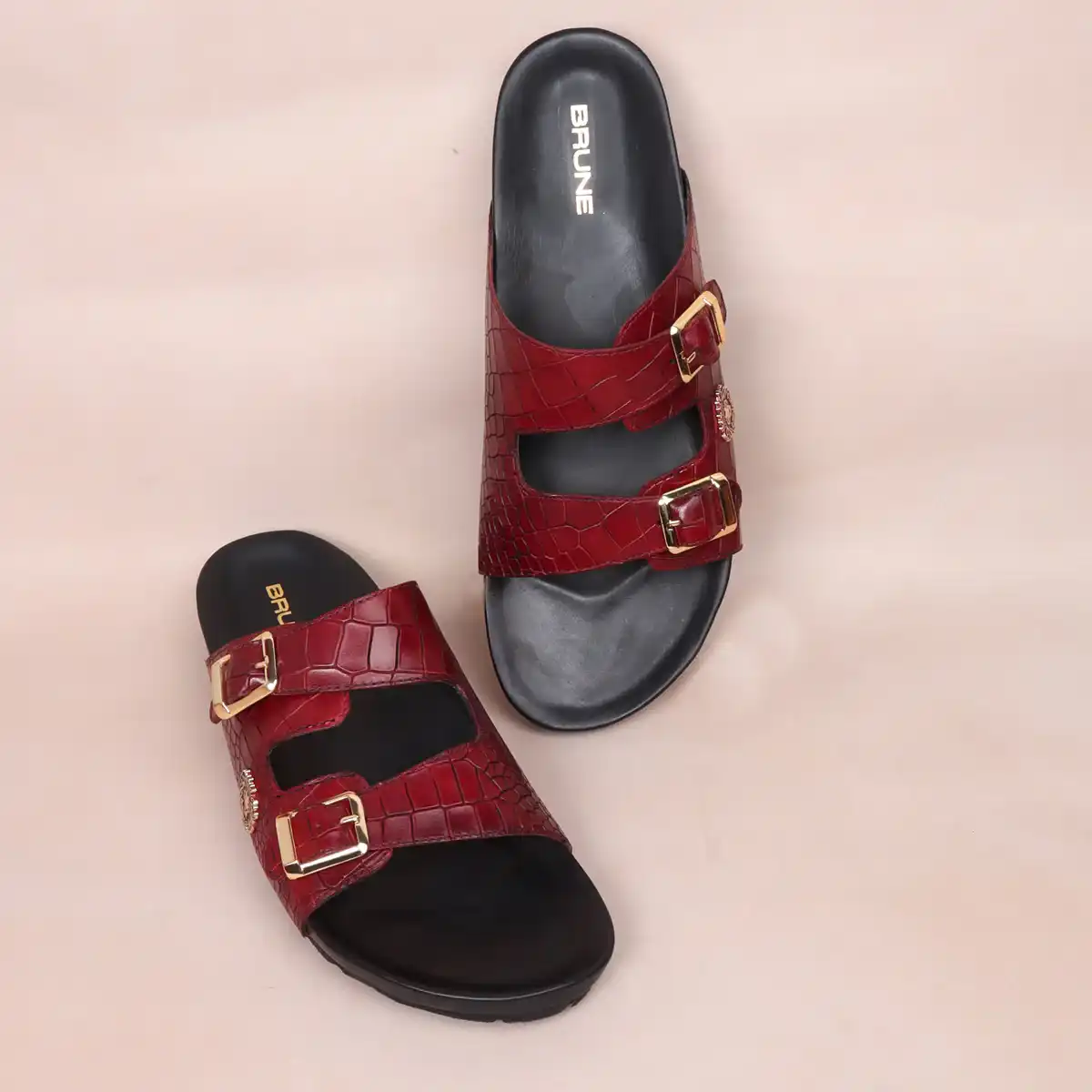 Men Wine Adjustable Buckle Slipper in Deep Cut Leather