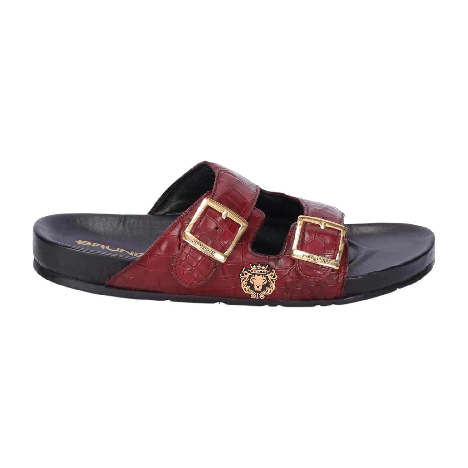 Men Wine Adjustable Buckle Slipper in Deep Cut Leather
