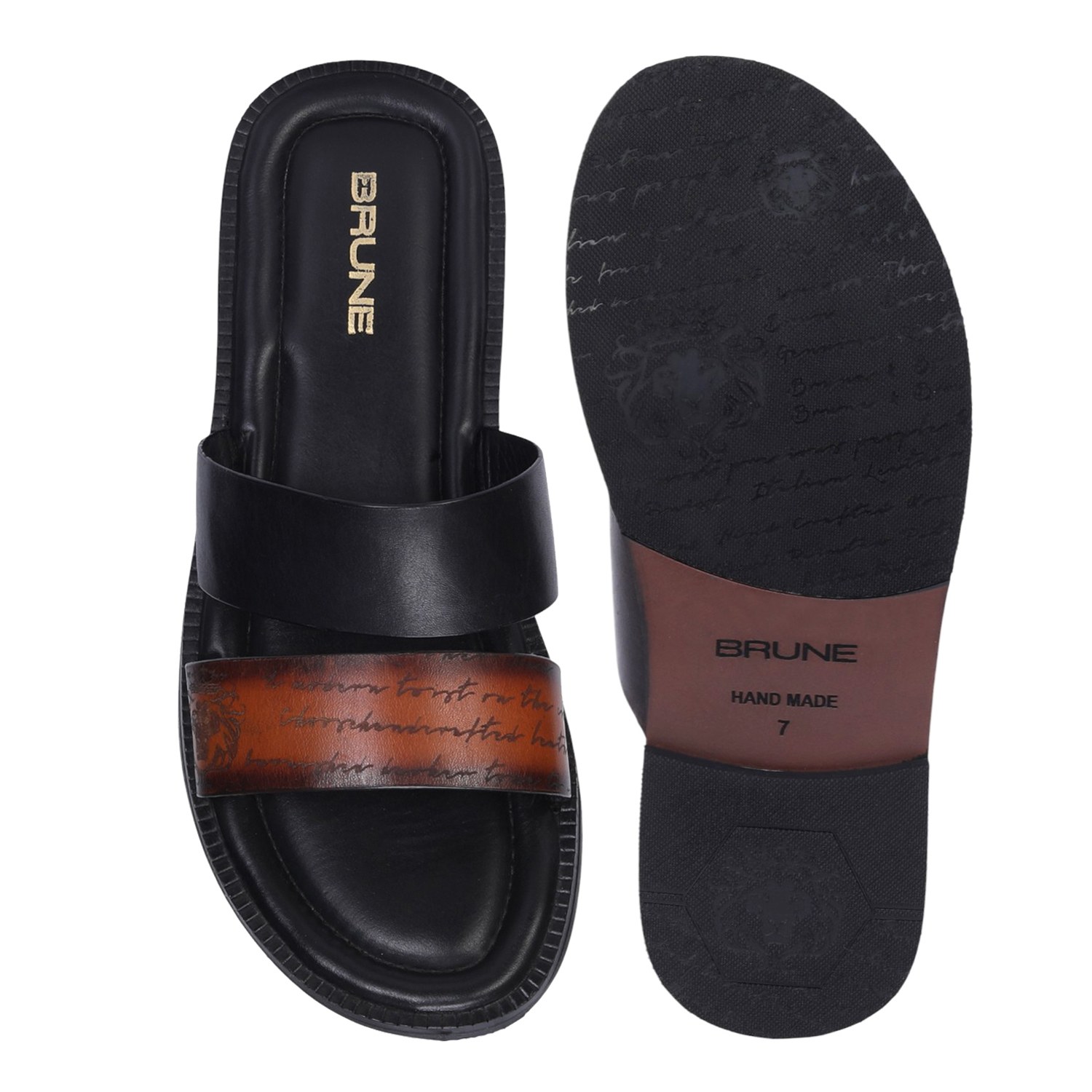 Men Slipper With Laser Engraved Dual Strapped Tan & Black Leather