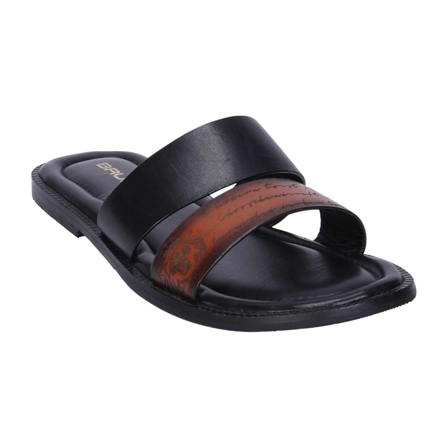 Men Slipper With Laser Engraved Dual Strapped Tan & Black Leather