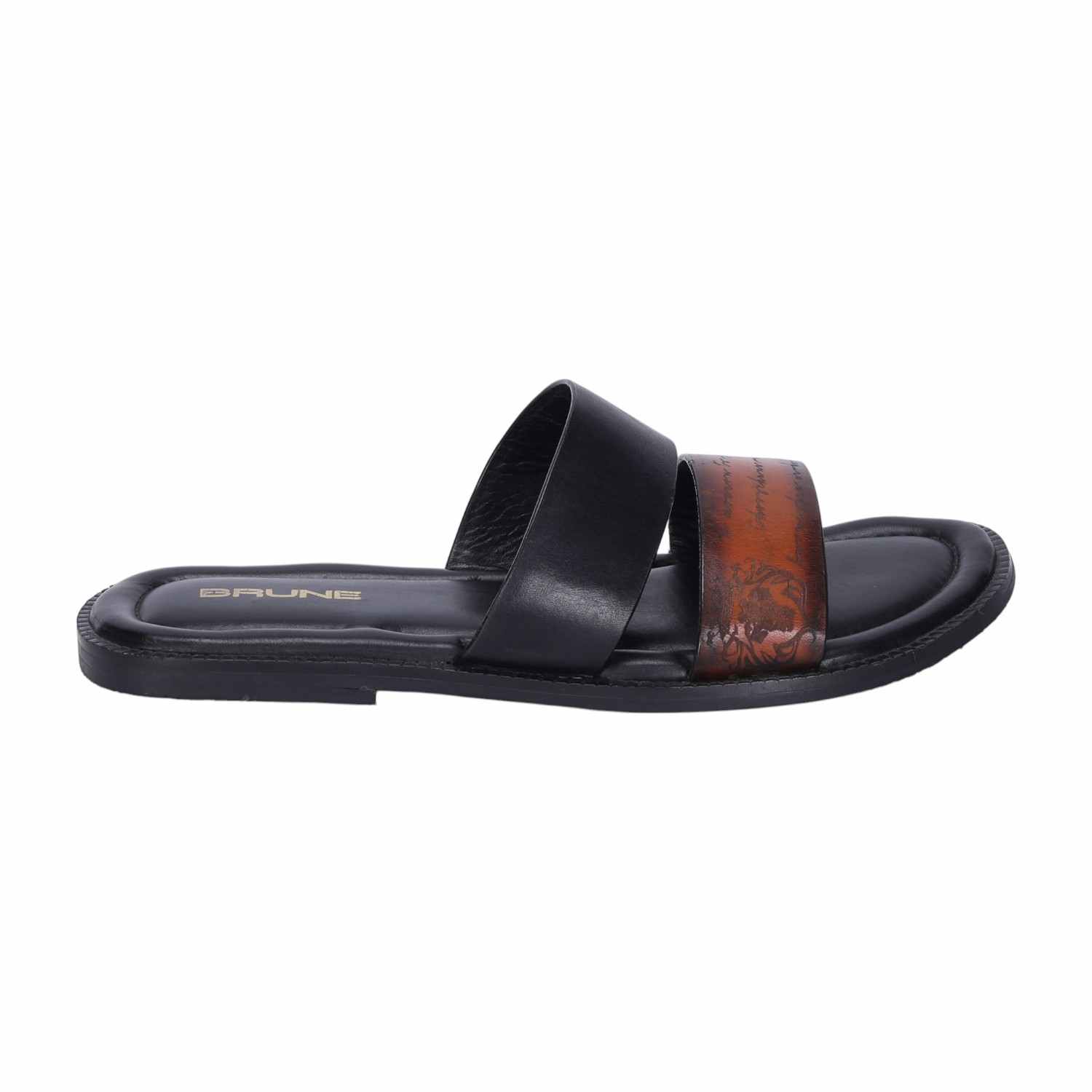 Men Slipper With Laser Engraved Dual Strapped Tan & Black Leather