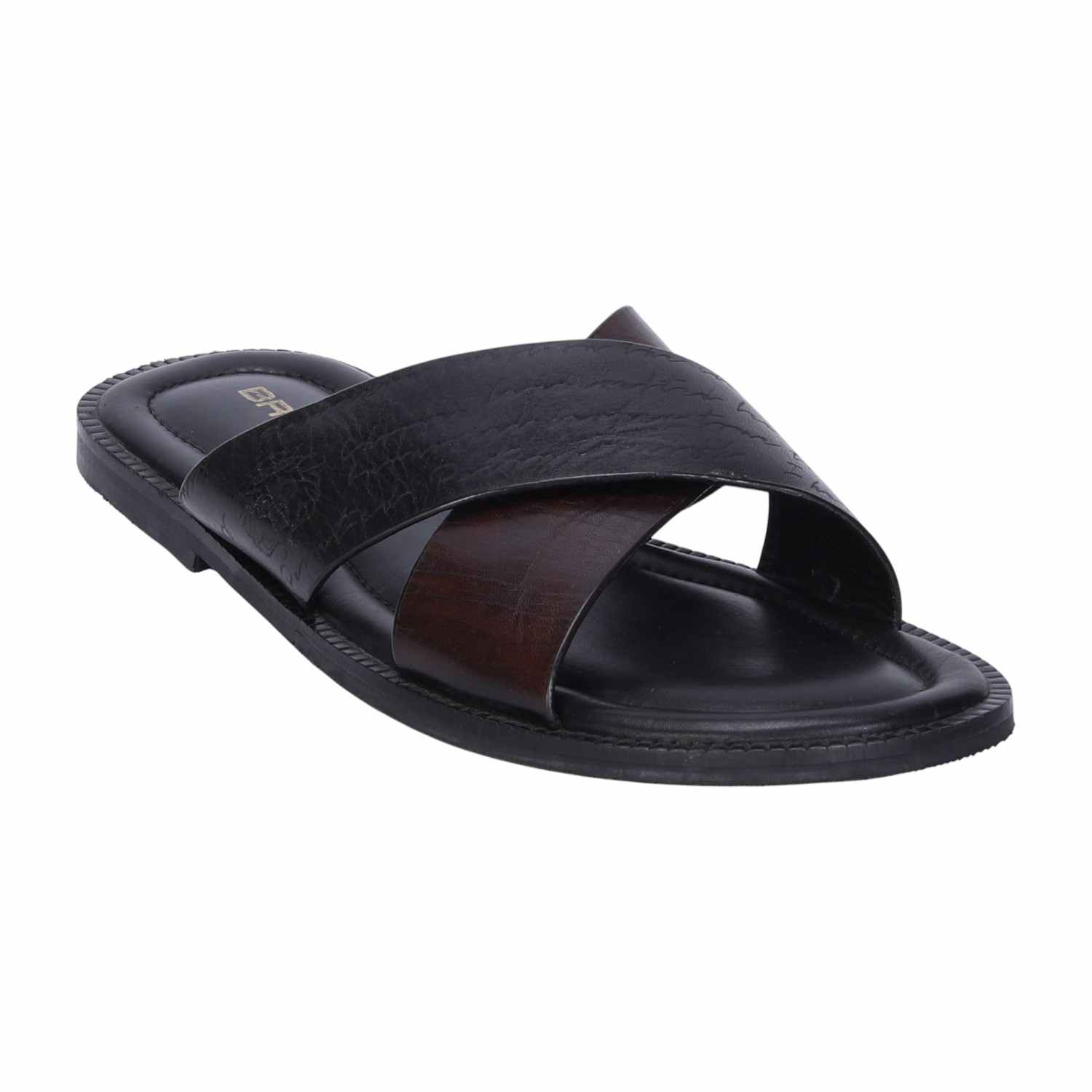 Men Slide-in Slipper with Crossover Black & Brown Leather