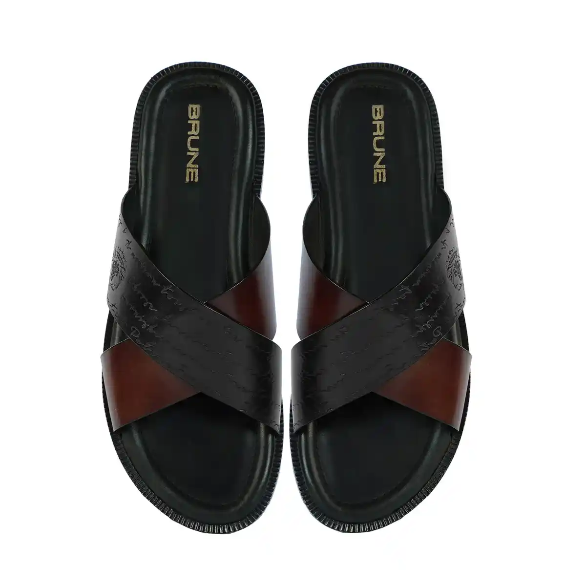 Men Slide-in Slipper with Crossover Black & Brown Leather