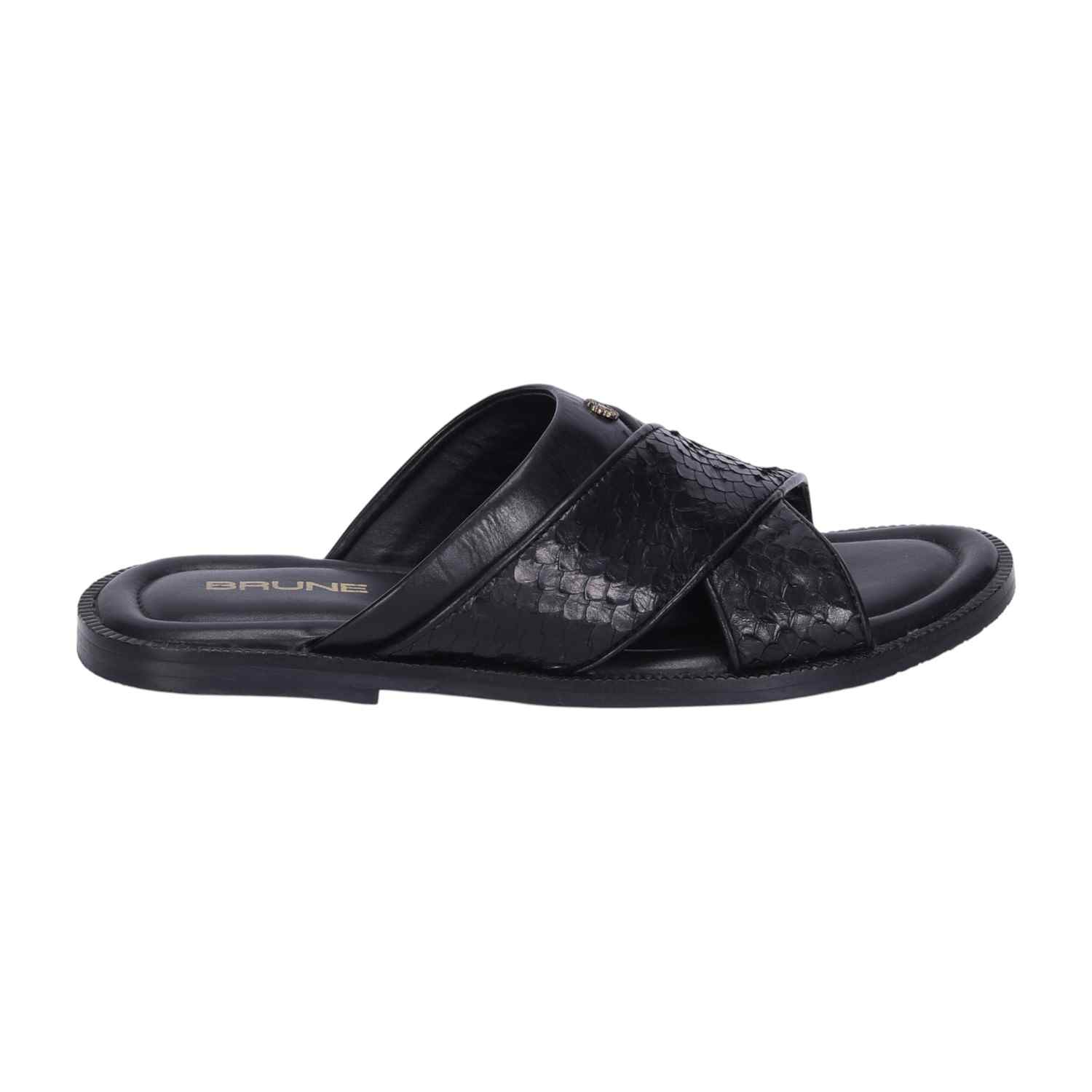 Men Slide-in Slipper with Crossover Black & Brown Leather